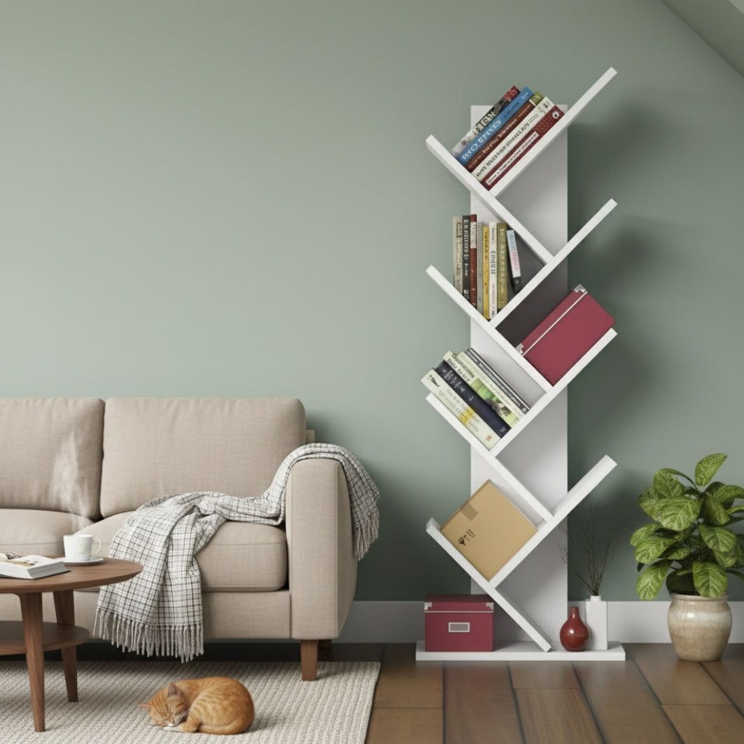 Bimossa W40 Hitit Tree Bookcase 128.5 cm - Modern Wooden Bookshelf/Tall Freestanding Book Shelf with Multi-Compartment Storage, Decorative Tree Bookshelf for Living Room, Office or Bedroom