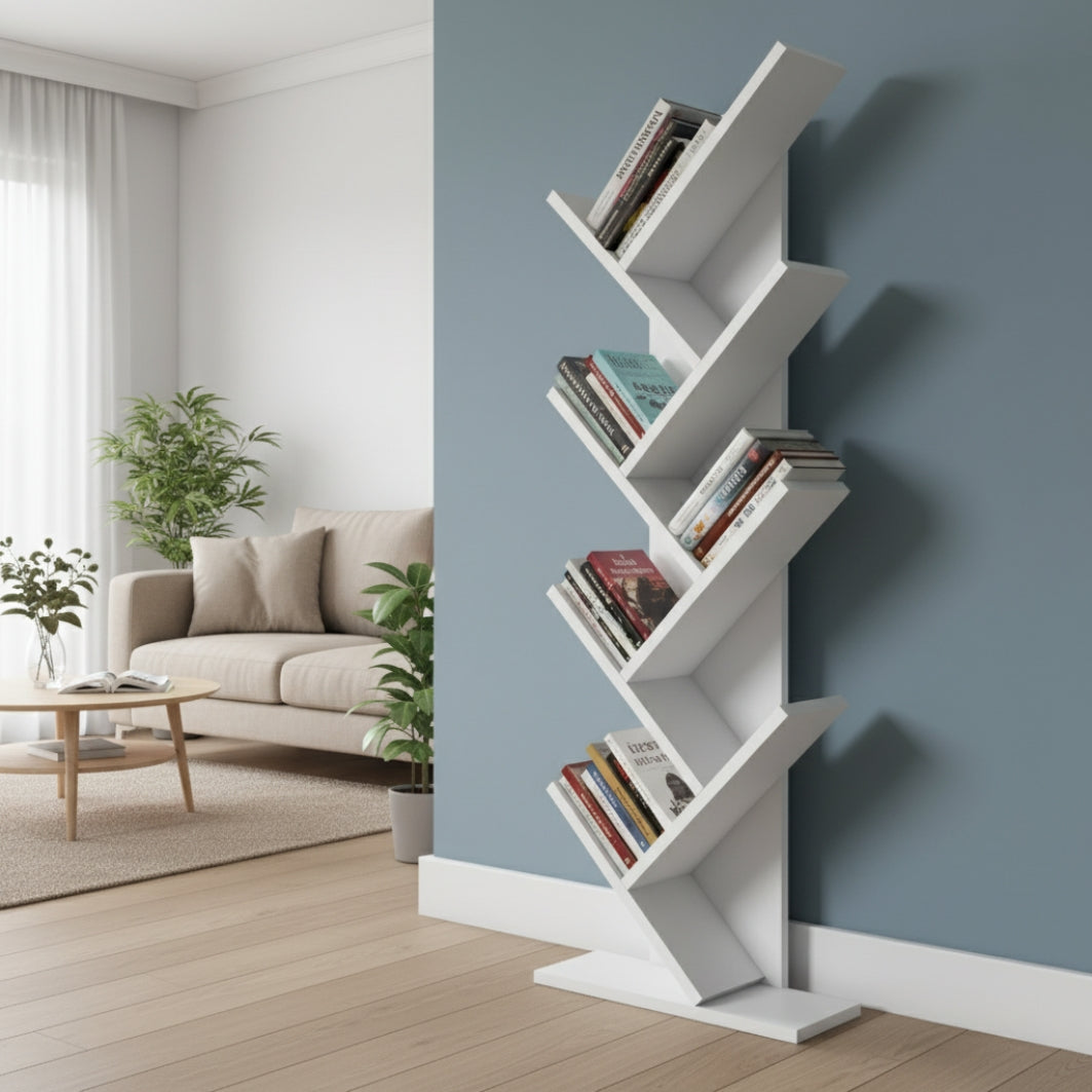 Bimossa W40 Hitit Tree Bookcase 128.5 cm - Modern Wooden Bookshelf/Tall Freestanding Book Shelf with Multi-Compartment Storage, Decorative Tree Bookshelf for Living Room, Office or Bedroom
