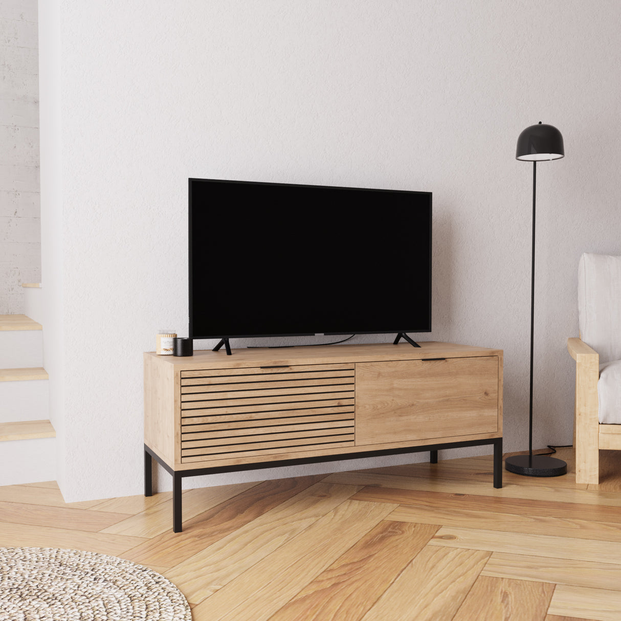 Bimossa B0060 Alya Oak Effect TV Unit 120 cm – Modern Wooden TV Unit with 2 Door Storage, Long TV Stand Cabinet for Living Room TVs up to 48"