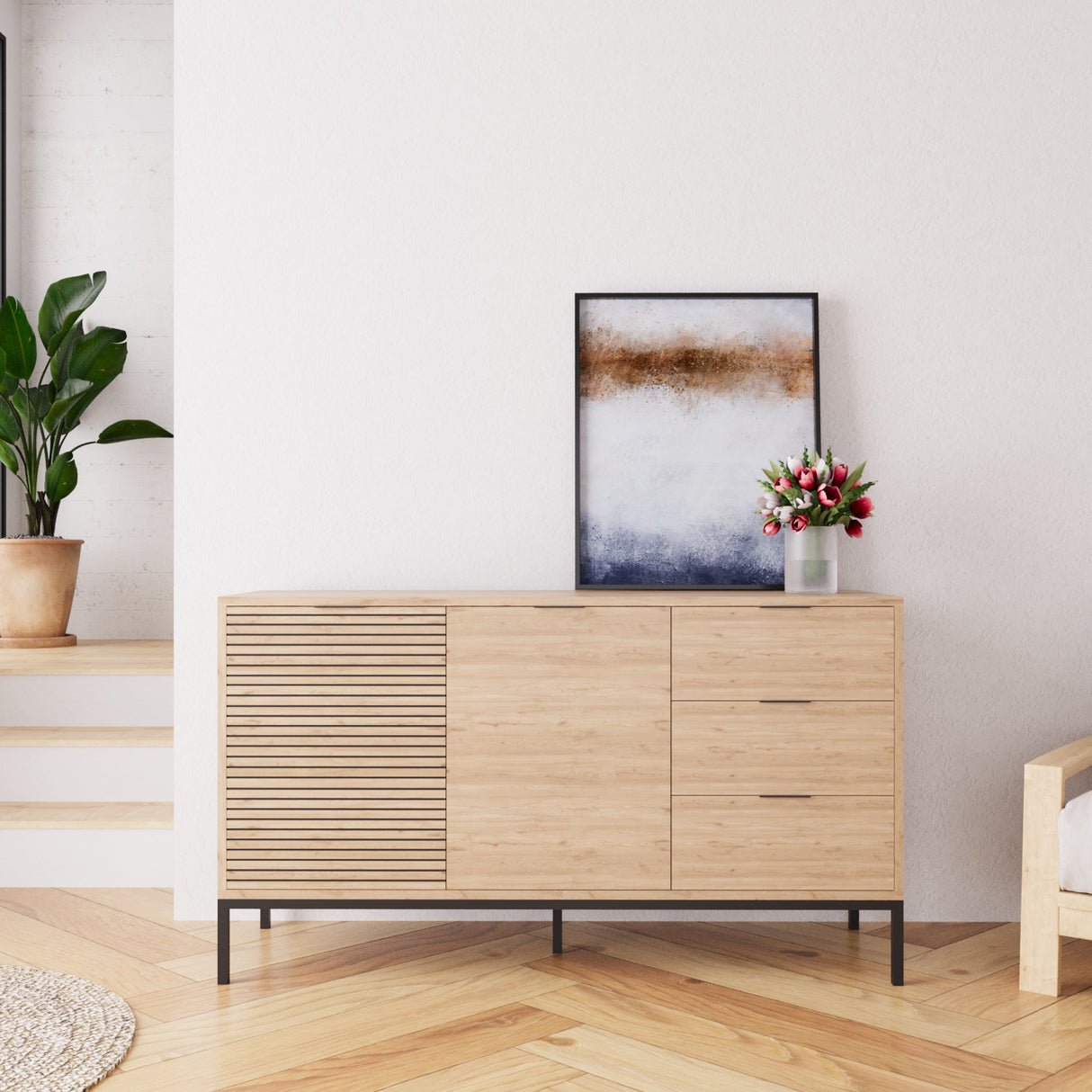 Bimossa H0660 Alya Fluted Sideboard Cabinet 140 cm – Modern Storage Sideboard with 3 Drawers & 2 Doors, Oak Effect Sideboard Cupboard with Black Metal Legs for Living Room, Dining Room or Hallway