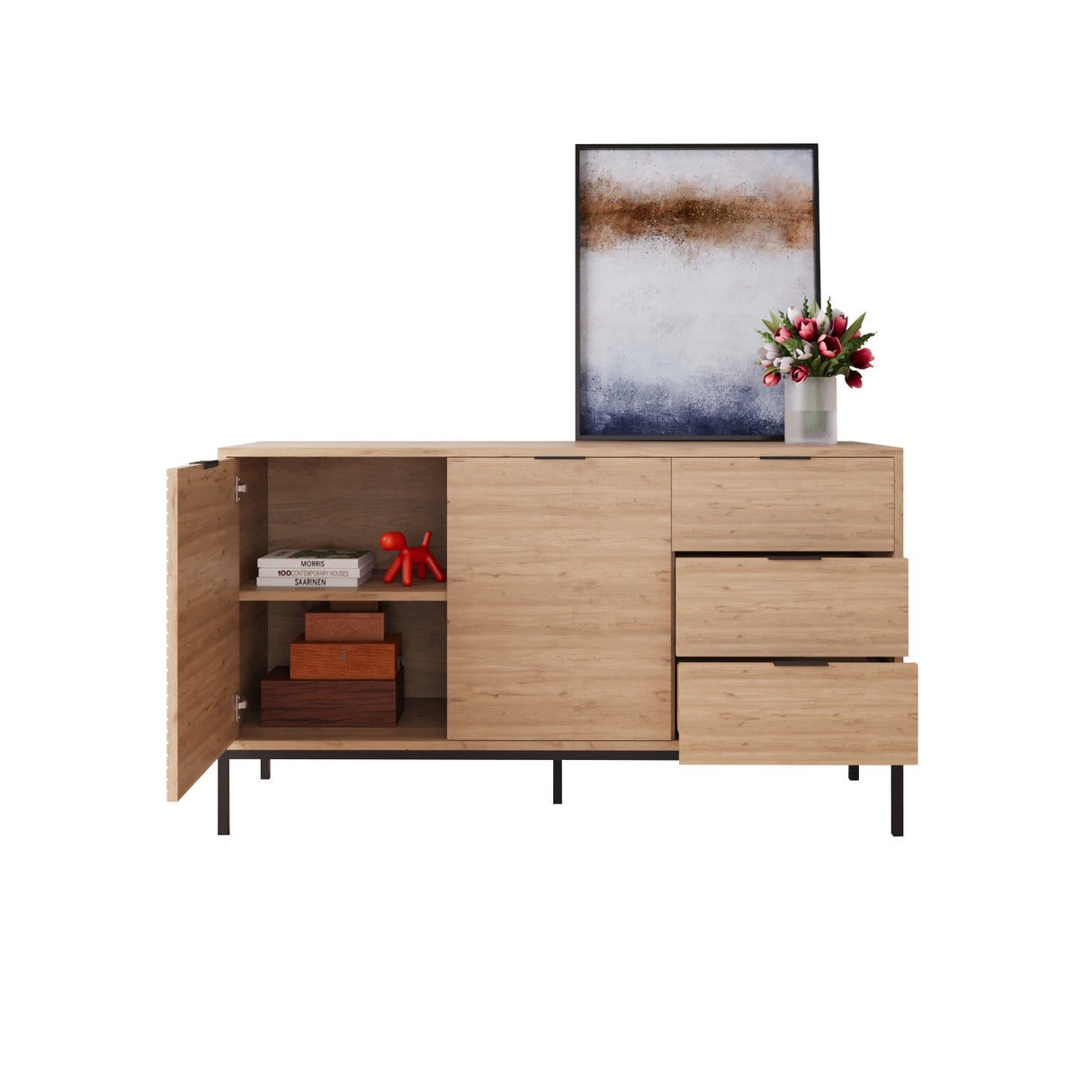 Bimossa H0660 Alya Fluted Sideboard Cabinet 140 cm – Modern Storage Sideboard with 3 Drawers & 2 Doors, Oak Effect Sideboard Cupboard with Black Metal Legs for Living Room, Dining Room or Hallway