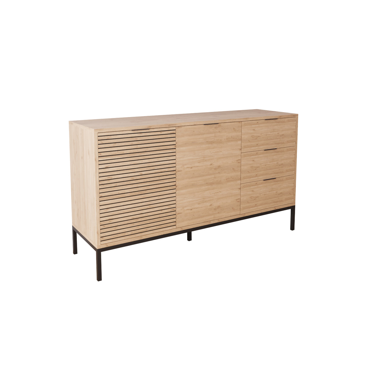 Bimossa H0660 Alya Fluted Sideboard Cabinet 140 cm – Modern Storage Sideboard with 3 Drawers & 2 Doors, Oak Effect Sideboard Cupboard with Black Metal Legs for Living Room, Dining Room or Hallway
