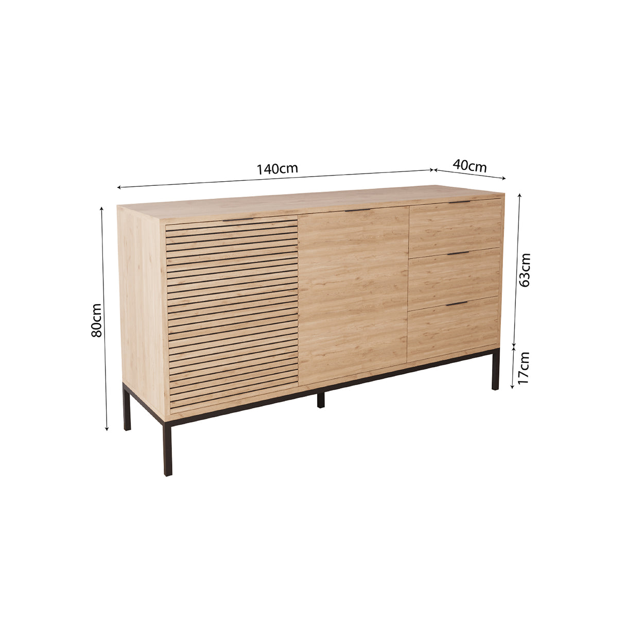 Bimossa H0660 Alya Fluted Sideboard Cabinet 140 cm – Modern Storage Sideboard with 3 Drawers & 2 Doors, Oak Effect Sideboard Cupboard with Black Metal Legs for Living Room, Dining Room or Hallway