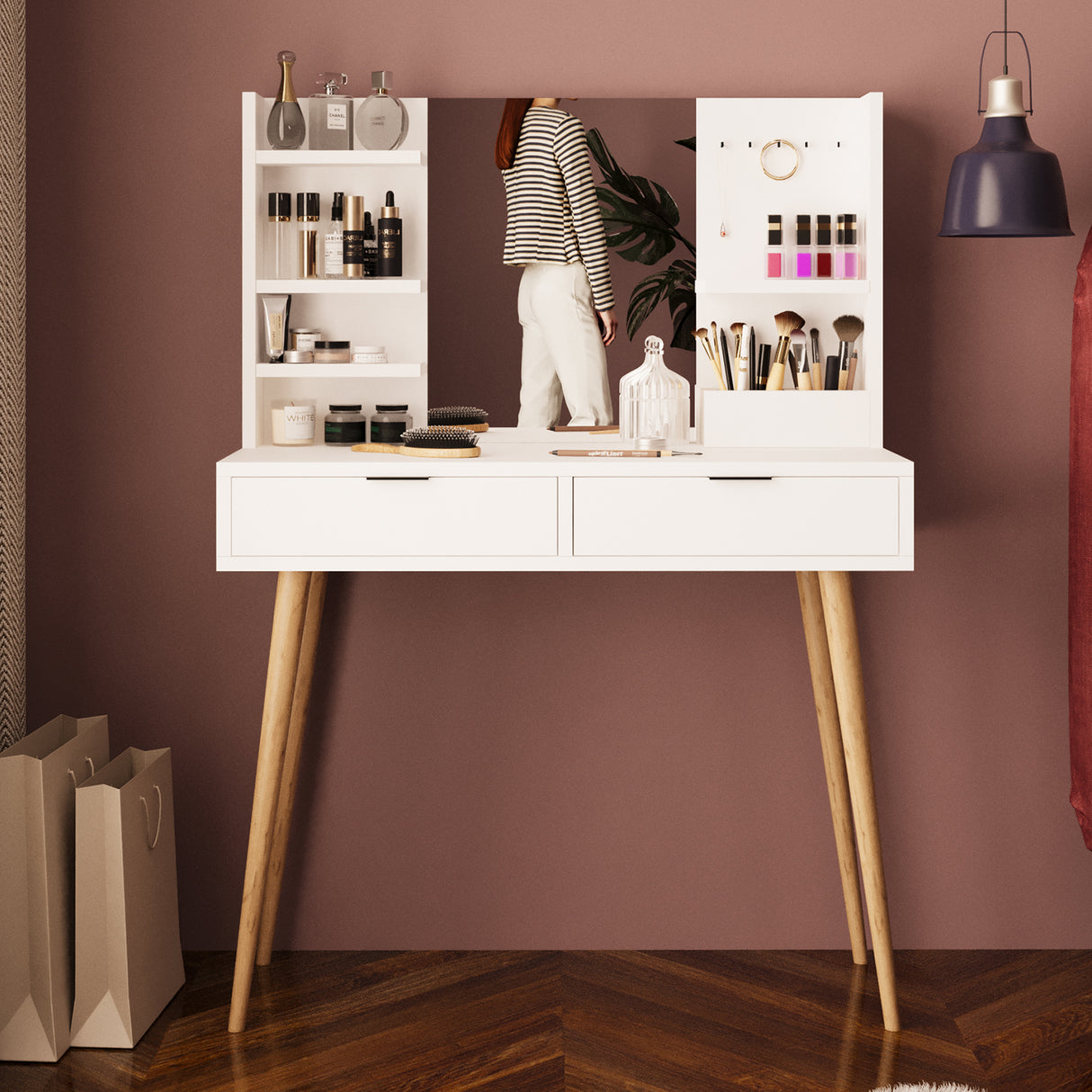 Bimossa A40 Bella Vanity Dressing Table with Mirror and Shelves, 2 Drawer Makeup Vanity Desk with Storage, Modern Vanity Table with Wooden Legs, Compact Dressing Table Set for Bedroom Area