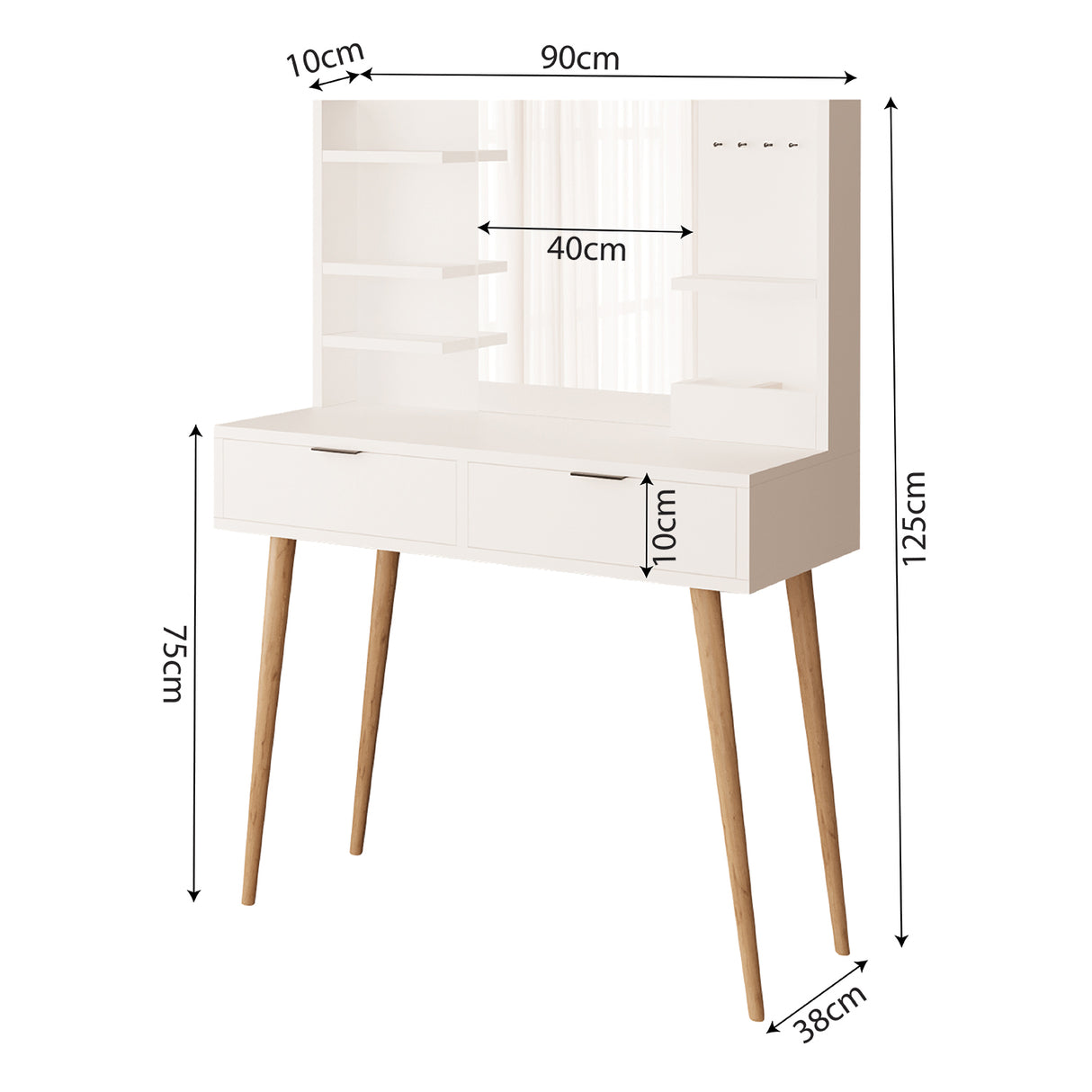 Bimossa A40 Bella Vanity Dressing Table with Mirror and Shelves, 2 Drawer Makeup Vanity Desk with Storage, Modern Vanity Table with Wooden Legs, Compact Dressing Table Set for Bedroom Area
