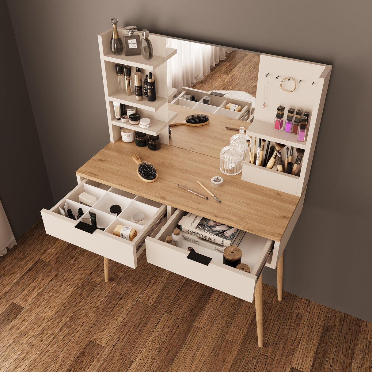 Bimossa A40 Bella Vanity Dressing Table with Mirror and Shelves, 2 Drawer Makeup Vanity Desk with Storage, Modern Vanity Table with Wooden Legs, Compact Dressing Table Set for Bedroom Area