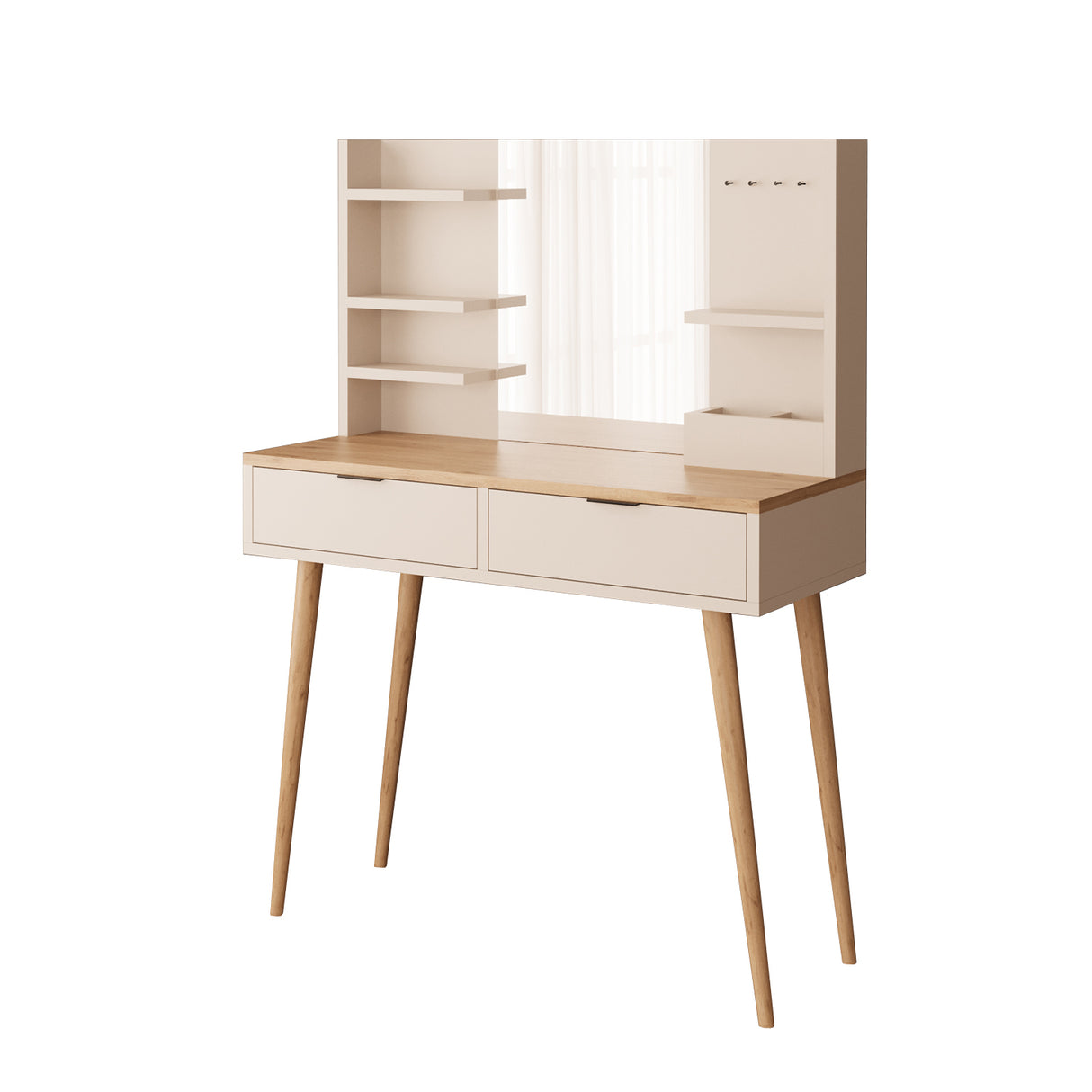 Bimossa A40 Bella Vanity Dressing Table with Mirror and Shelves, 2 Drawer Makeup Vanity Desk with Storage, Modern Vanity Table with Wooden Legs, Compact Dressing Table Set for Bedroom Area