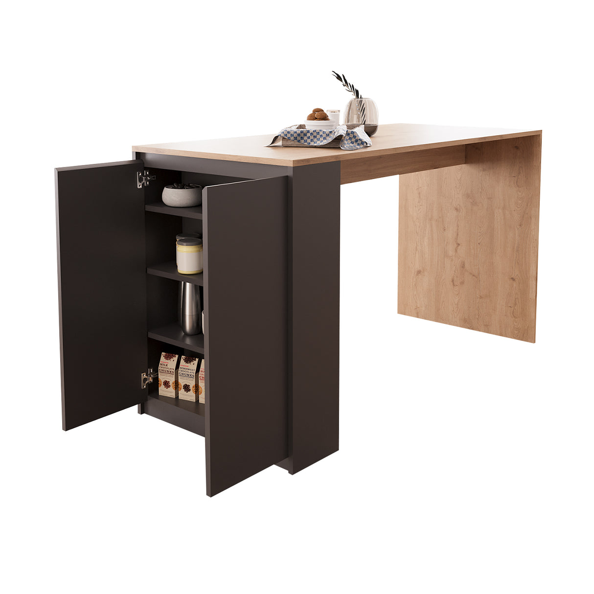 Bimossa L48 Edgar Bar Table with Storage 160cm, Modern Kitchen Bar Table & Island with Cabinet, Wooden Breakfast Bar Dining Table for Kitchen, Home Bar Table & Height Table