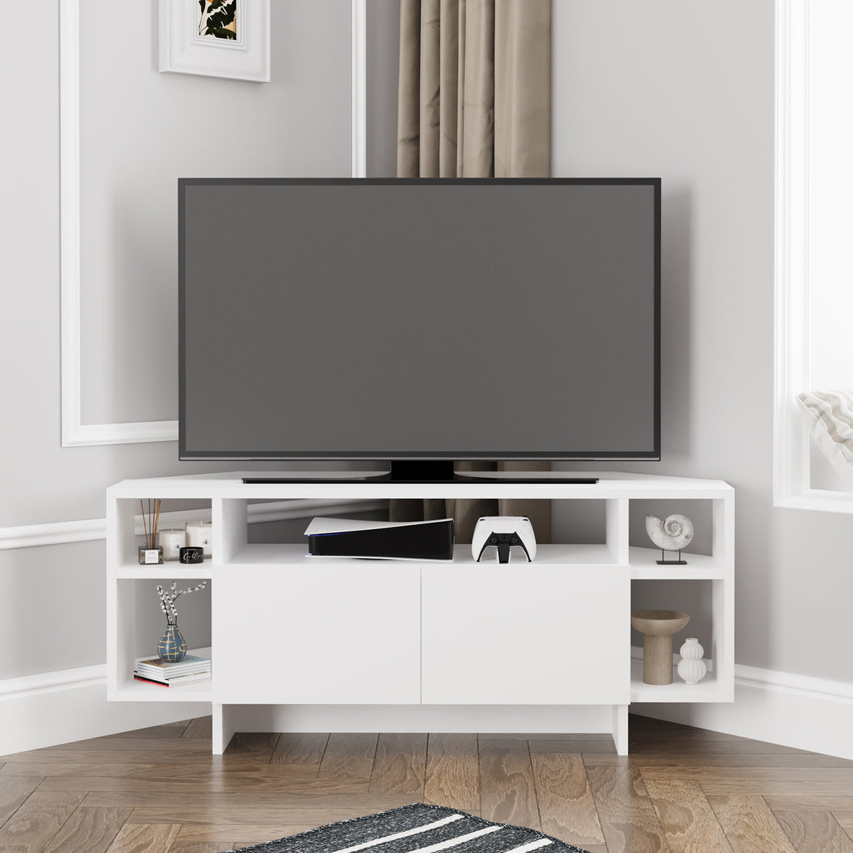 Bimossa B16 Era Corner TV Unit with Storage for up to 50 Inch TV - Modern TV Stand Cabinet with 5 Shelves, Space Saving Corner Media Console for Living Room Entertainment Centre, 6 Colour Options
