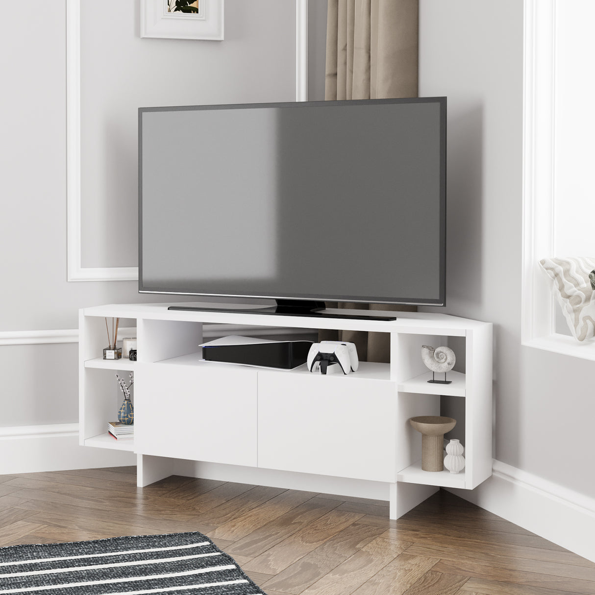 Bimossa B16 Era Corner TV Unit with Storage for up to 50 Inch TV - Modern TV Stand Cabinet with 5 Shelves, Space Saving Corner Media Console for Living Room Entertainment Centre, 6 Colour Options