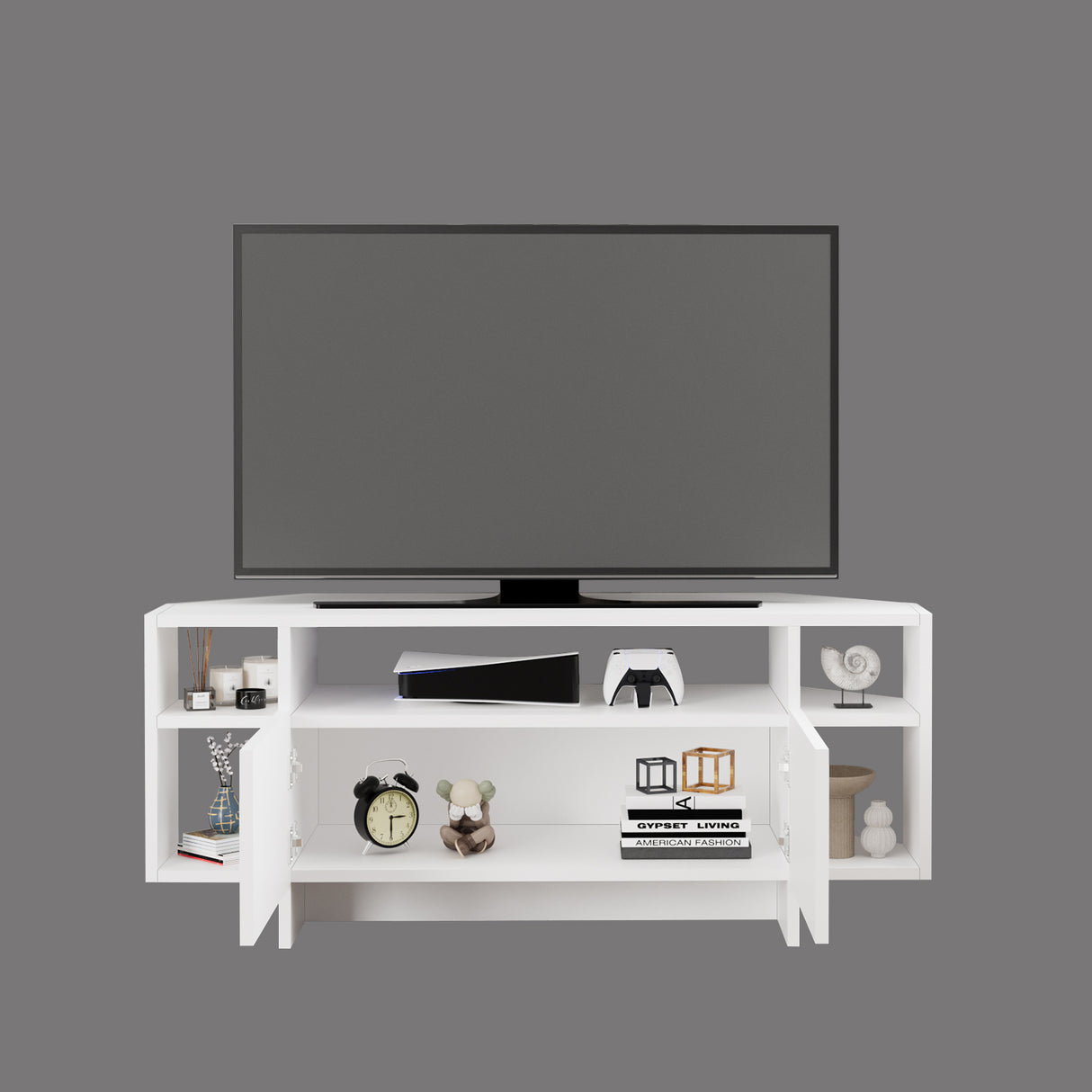 Bimossa B16 Era Corner TV Unit with Storage for up to 50 Inch TV - Modern TV Stand Cabinet with 5 Shelves, Space Saving Corner Media Console for Living Room Entertainment Centre, 6 Colour Options