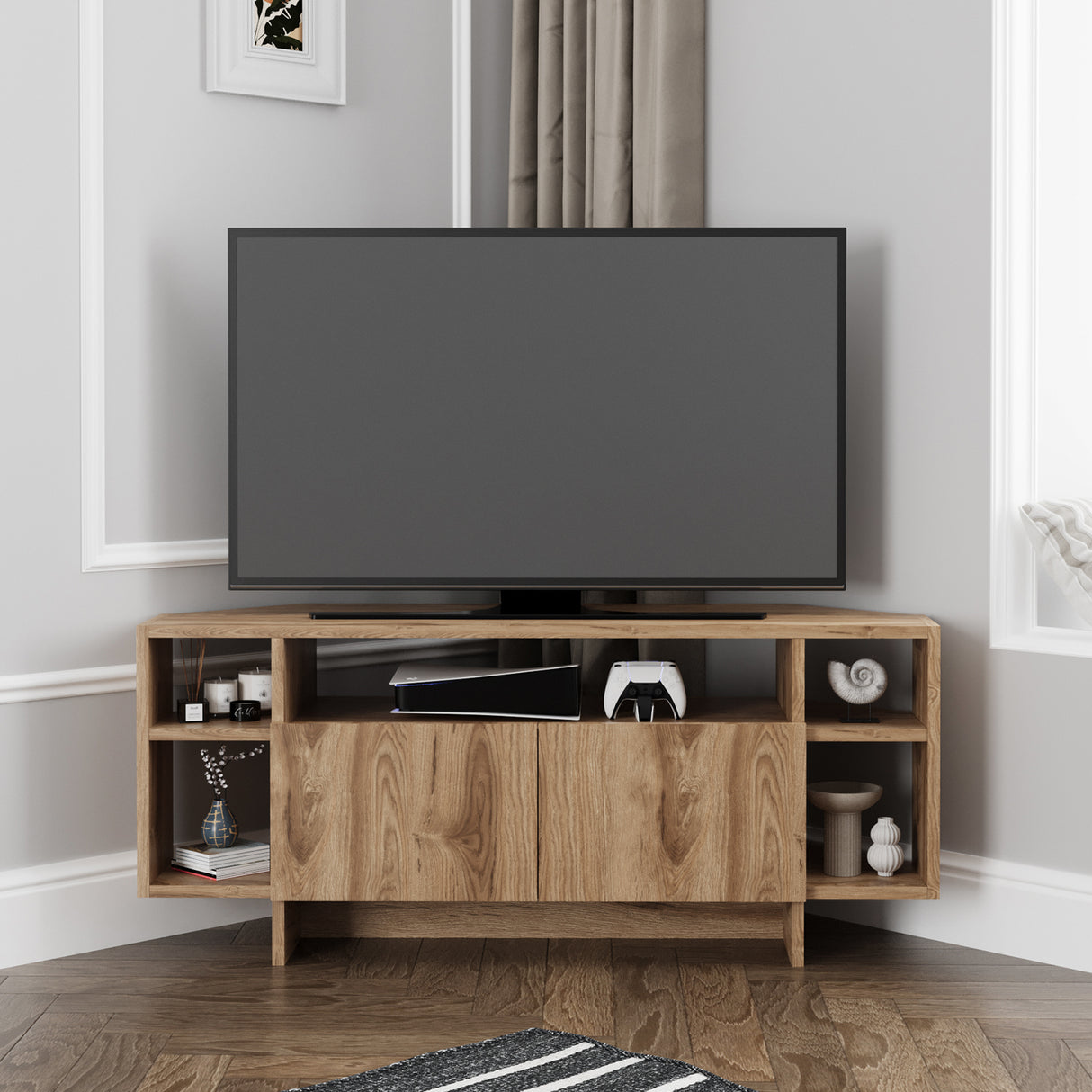 Bimossa B16 Era Corner TV Unit with Storage for up to 50 Inch TV - Modern TV Stand Cabinet with 5 Shelves, Space Saving Corner Media Console for Living Room Entertainment Centre, 6 Colour Options
