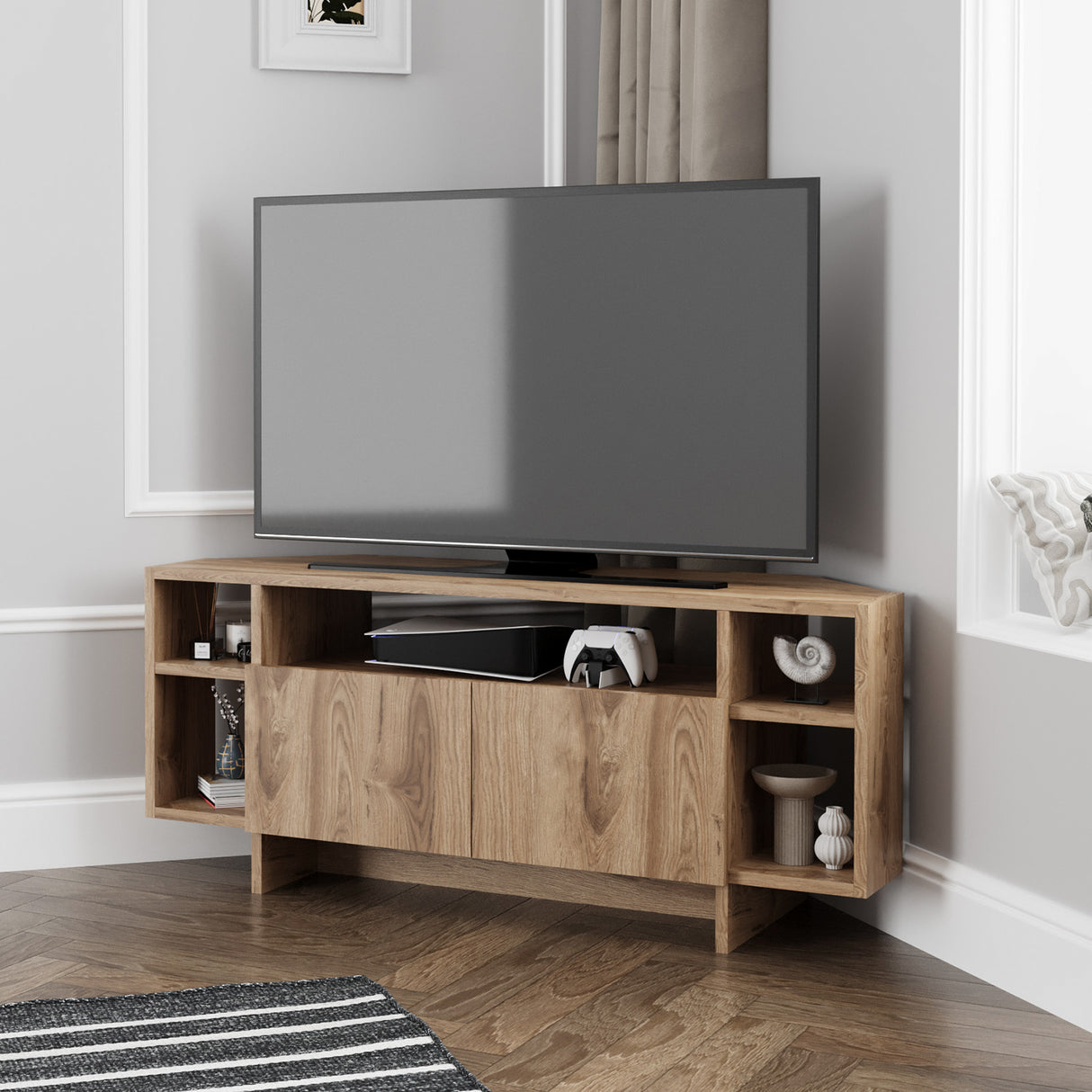 Bimossa B16 Era Corner TV Unit with Storage for up to 50 Inch TV - Modern TV Stand Cabinet with 5 Shelves, Space Saving Corner Media Console for Living Room Entertainment Centre, 6 Colour Options