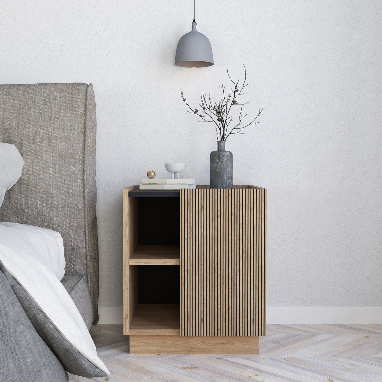 Bimossa N07 Gaia Nightstand - Modern Nightstand with Storage, 47cm Chic Bedside Table with Striped Cabinet Door and Shelves