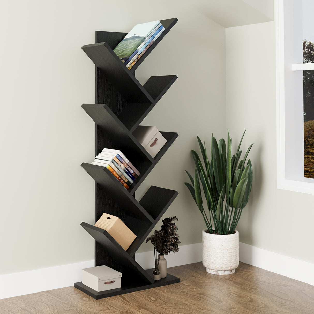 Bimossa W40 Hitit Tree Bookcase 128.5 cm - Modern Wooden Bookshelf/Tall Freestanding Book Shelf with Multi-Compartment Storage, Decorative Tree Bookshelf for Living Room, Office or Bedroom