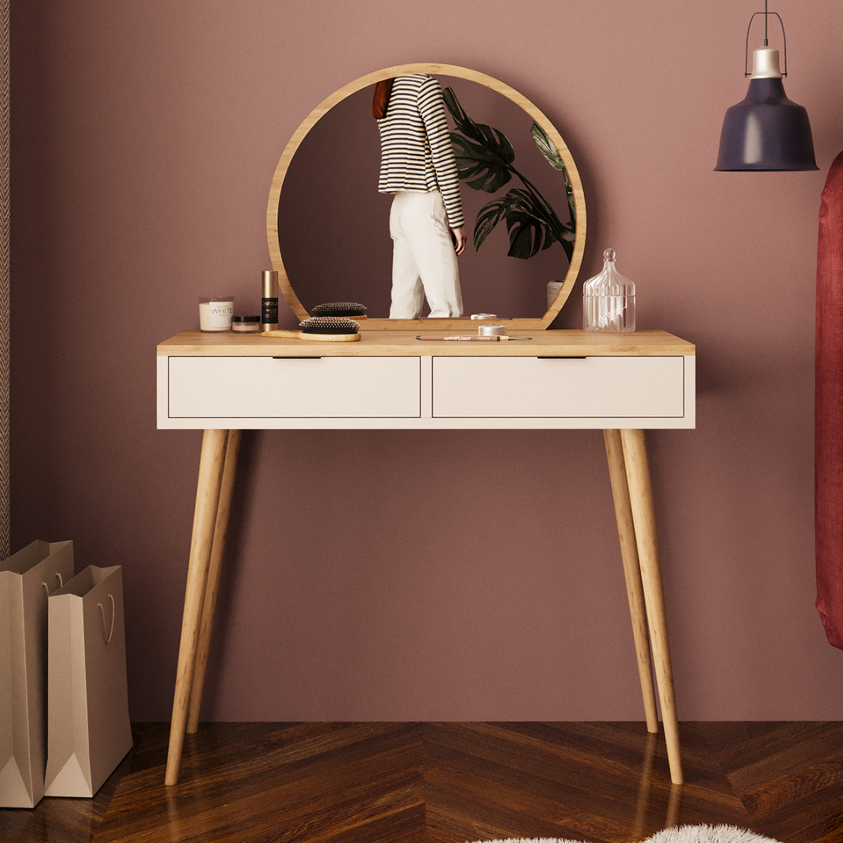 Bimossa A10 Lucy Vanity Dressing Table with Round Fixed Mirror & Stool, Makeup Vanity Desk with 2 Drawers, Modern Wooden Legs Makeup Table for Bedroom, Compact Dressing Table Set for Small Spaces