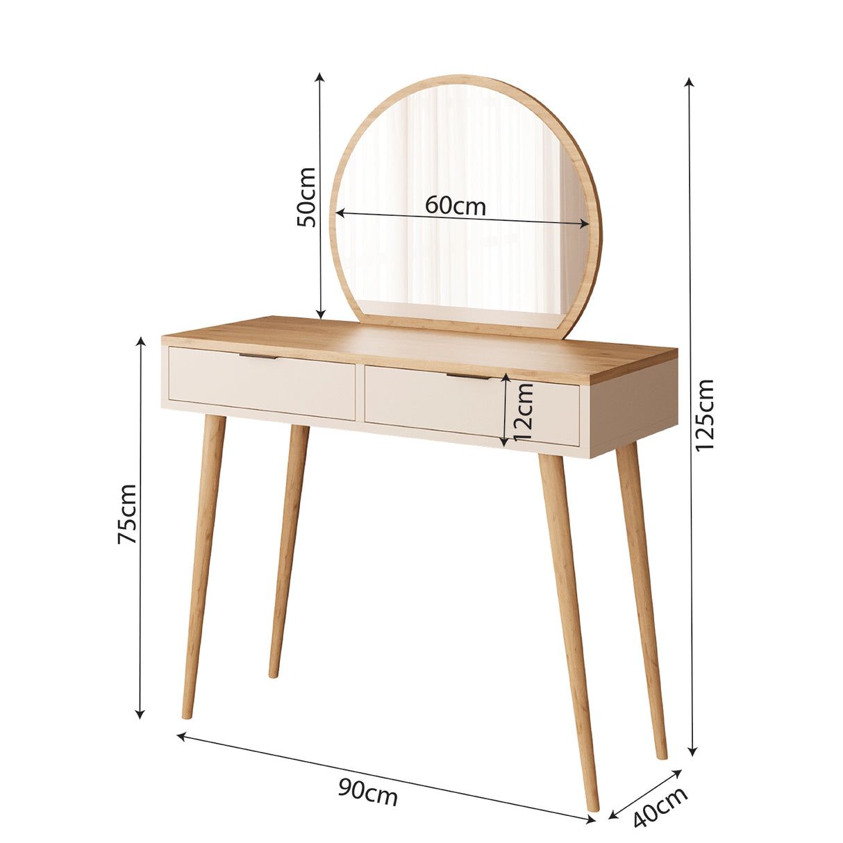 Bimossa A10 Lucy Vanity Dressing Table with Round Fixed Mirror & Stool, Makeup Vanity Desk with 2 Drawers, Modern Wooden Legs Makeup Table for Bedroom, Compact Dressing Table Set for Small Spaces