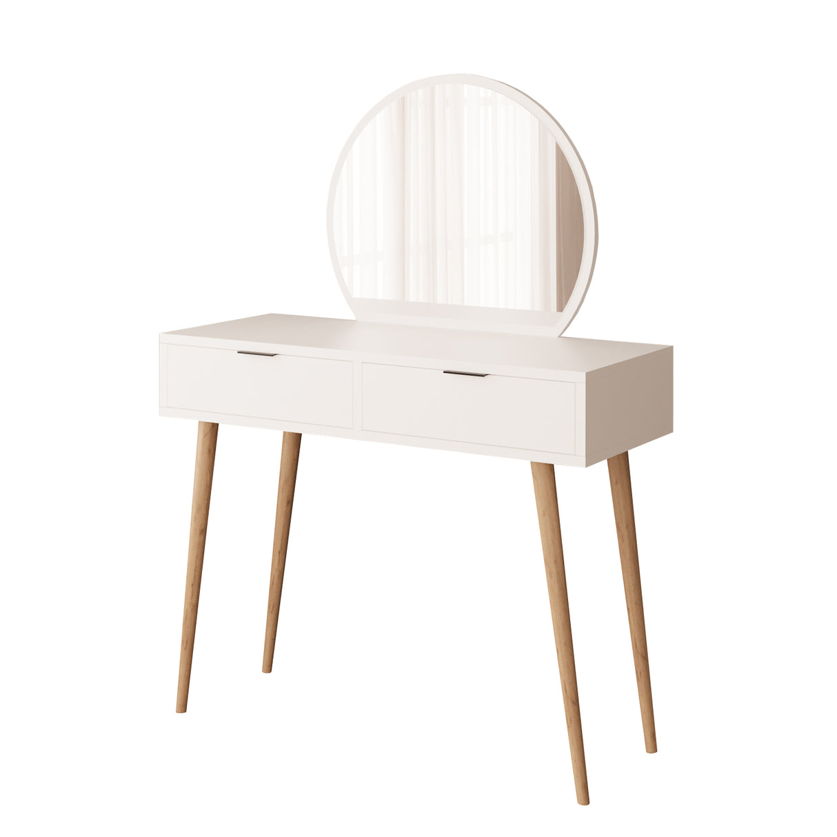 Bimossa A10 Lucy Vanity Dressing Table with Round Fixed Mirror & Stool, Makeup Vanity Desk with 2 Drawers, Modern Wooden Legs Makeup Table for Bedroom, Compact Dressing Table Set for Small Spaces