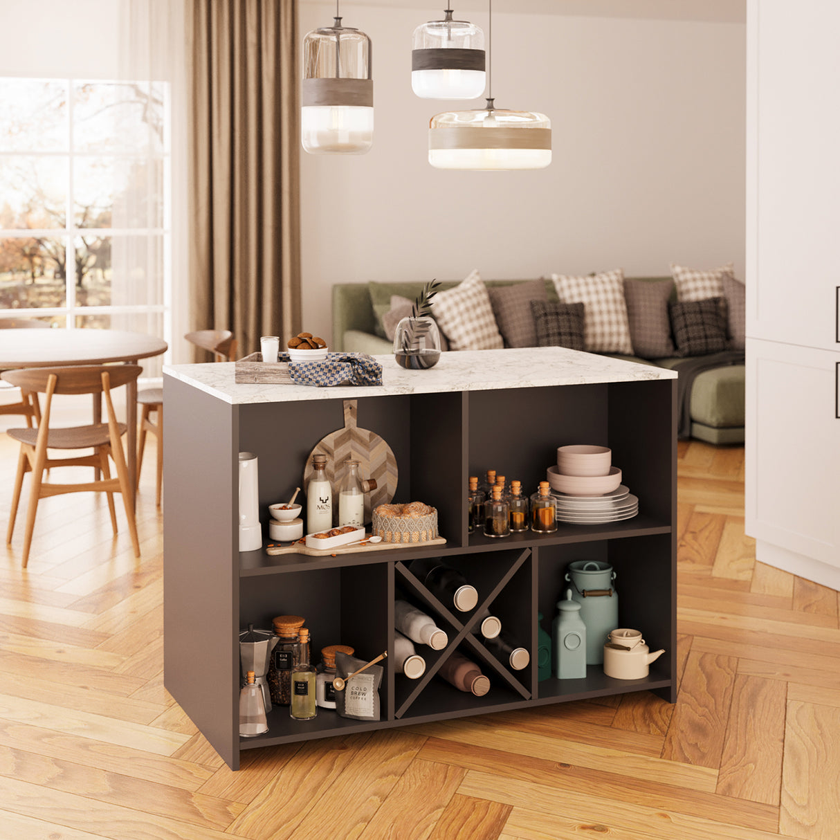 Bimossa L40 Monet Kitchen Island with Storage 127 cm - Island Table with Worktop, Wine Rack, Open Shelves & Cabinet, Modern Kitchen Prep Table/Breakfast Bar Island for Kitchen & Dining