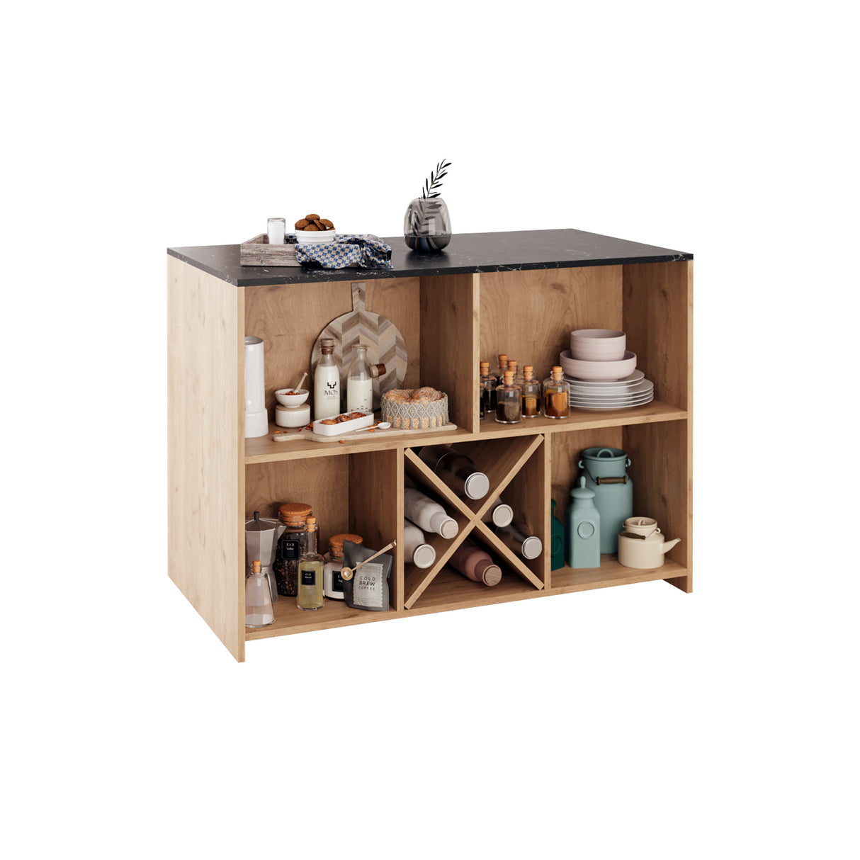 Bimossa L40 Monet Kitchen Island with Storage 127 cm - Island Table with Worktop, Wine Rack, Open Shelves & Cabinet, Modern Kitchen Prep Table/Breakfast Bar Island for Kitchen & Dining