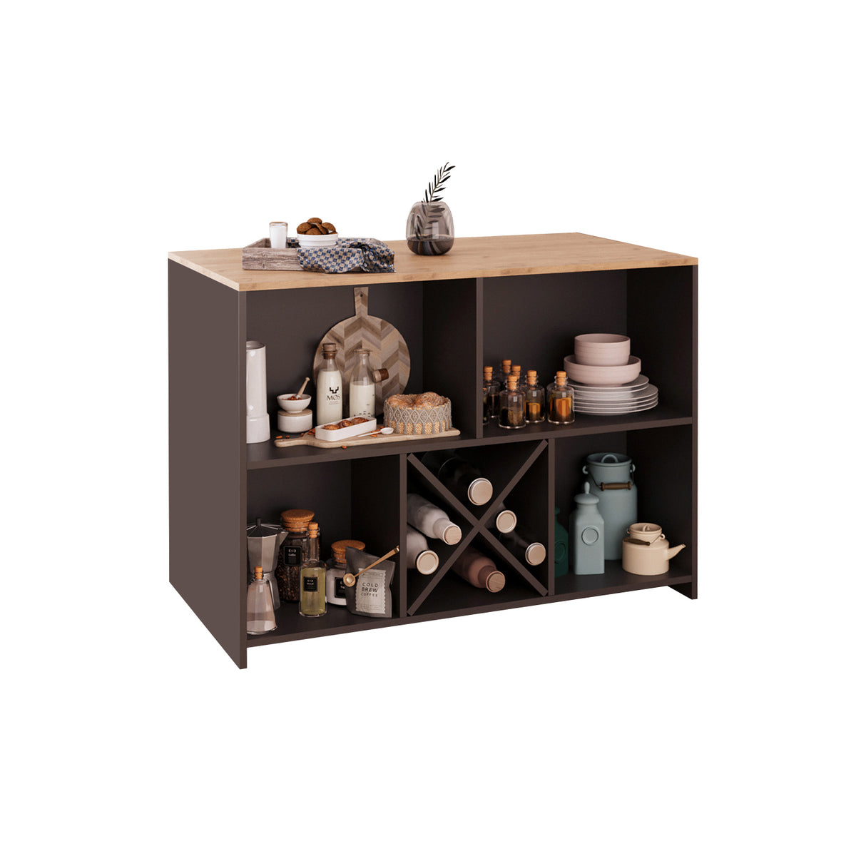 Bimossa L40 Monet Kitchen Island with Storage 127 cm - Island Table with Worktop, Wine Rack, Open Shelves & Cabinet, Modern Kitchen Prep Table/Breakfast Bar Island for Kitchen & Dining