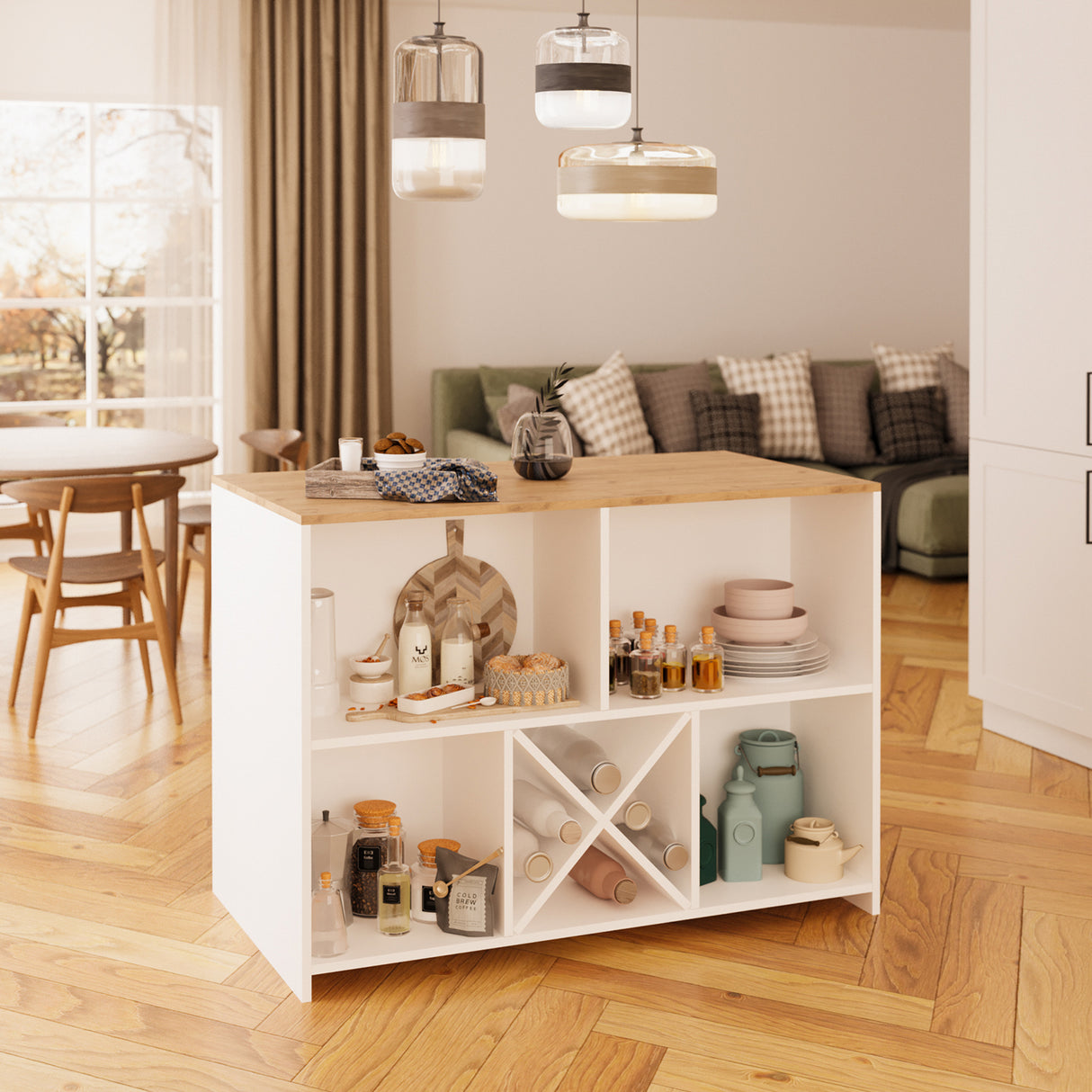 Bimossa L40 Monet Kitchen Island with Storage 127 cm - Island Table with Worktop, Wine Rack, Open Shelves & Cabinet, Modern Kitchen Prep Table/Breakfast Bar Island for Kitchen & Dining