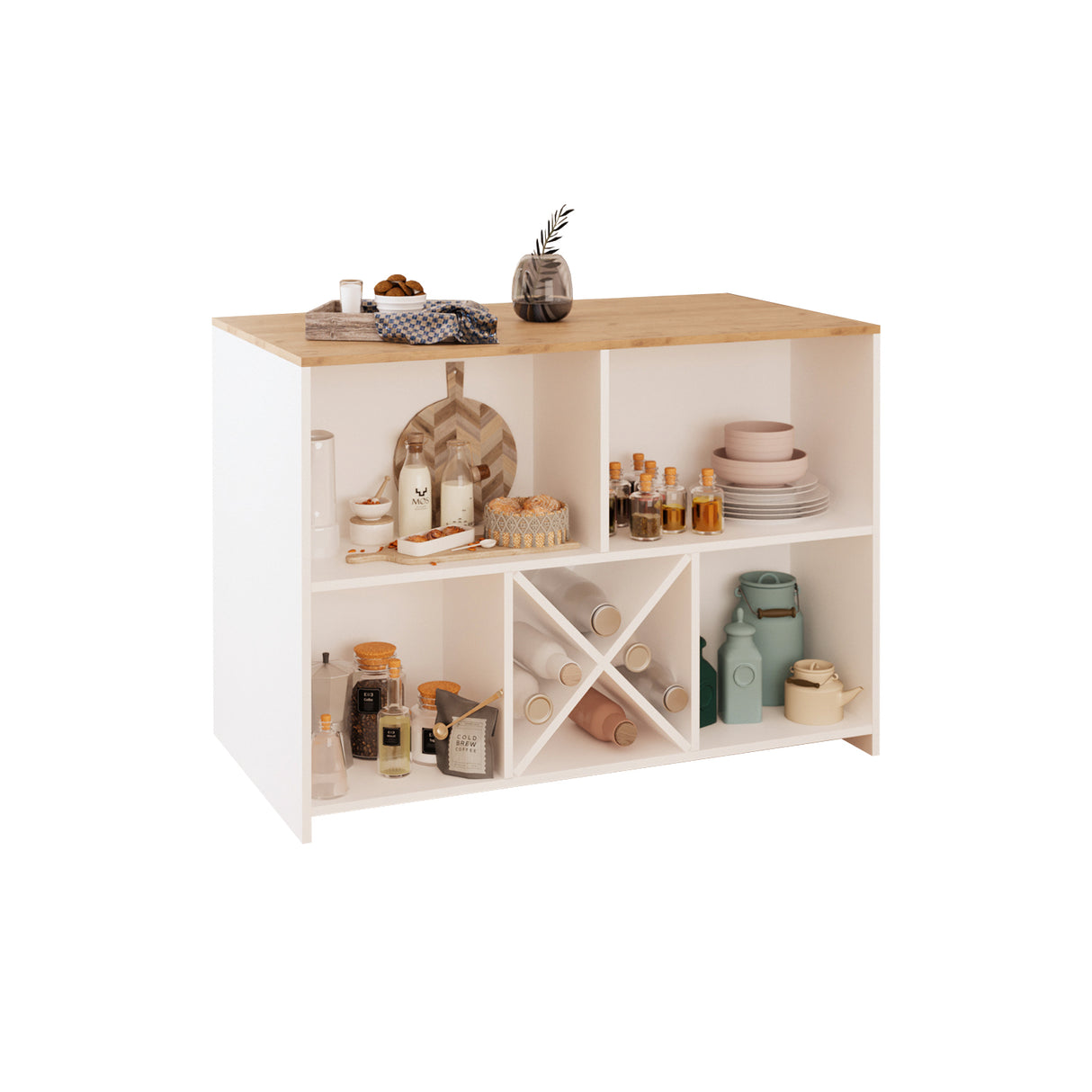 Bimossa L40 Monet Kitchen Island with Storage 127 cm - Island Table with Worktop, Wine Rack, Open Shelves & Cabinet, Modern Kitchen Prep Table/Breakfast Bar Island for Kitchen & Dining