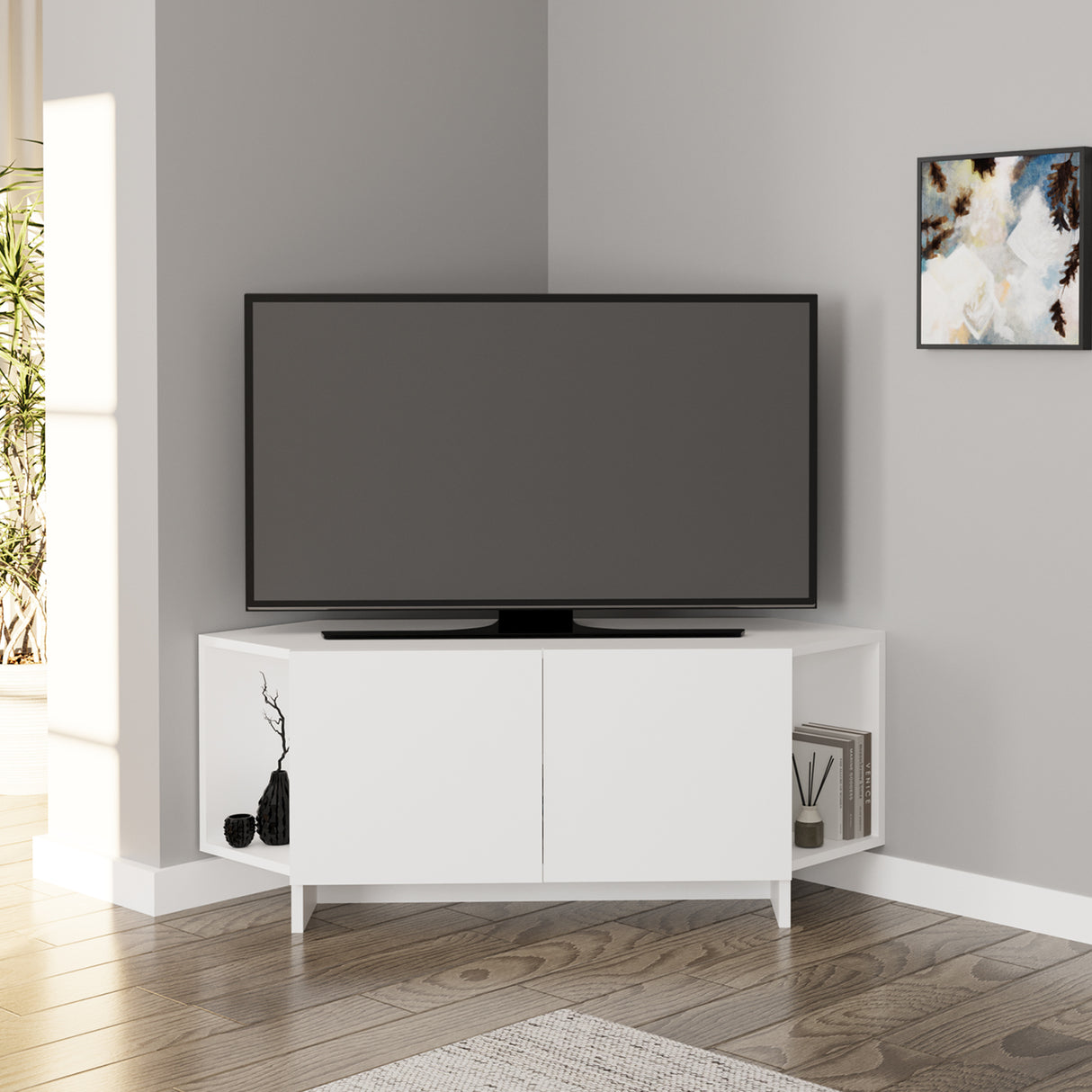 Bimossa B15 Ola Corner TV Unit for TVs up to 50 Inch, TV Stand with Storage Cabinet & Shelves, Space Saving Media Console for Living Room, Modern Corner Television Unit, 6 Colour Options
