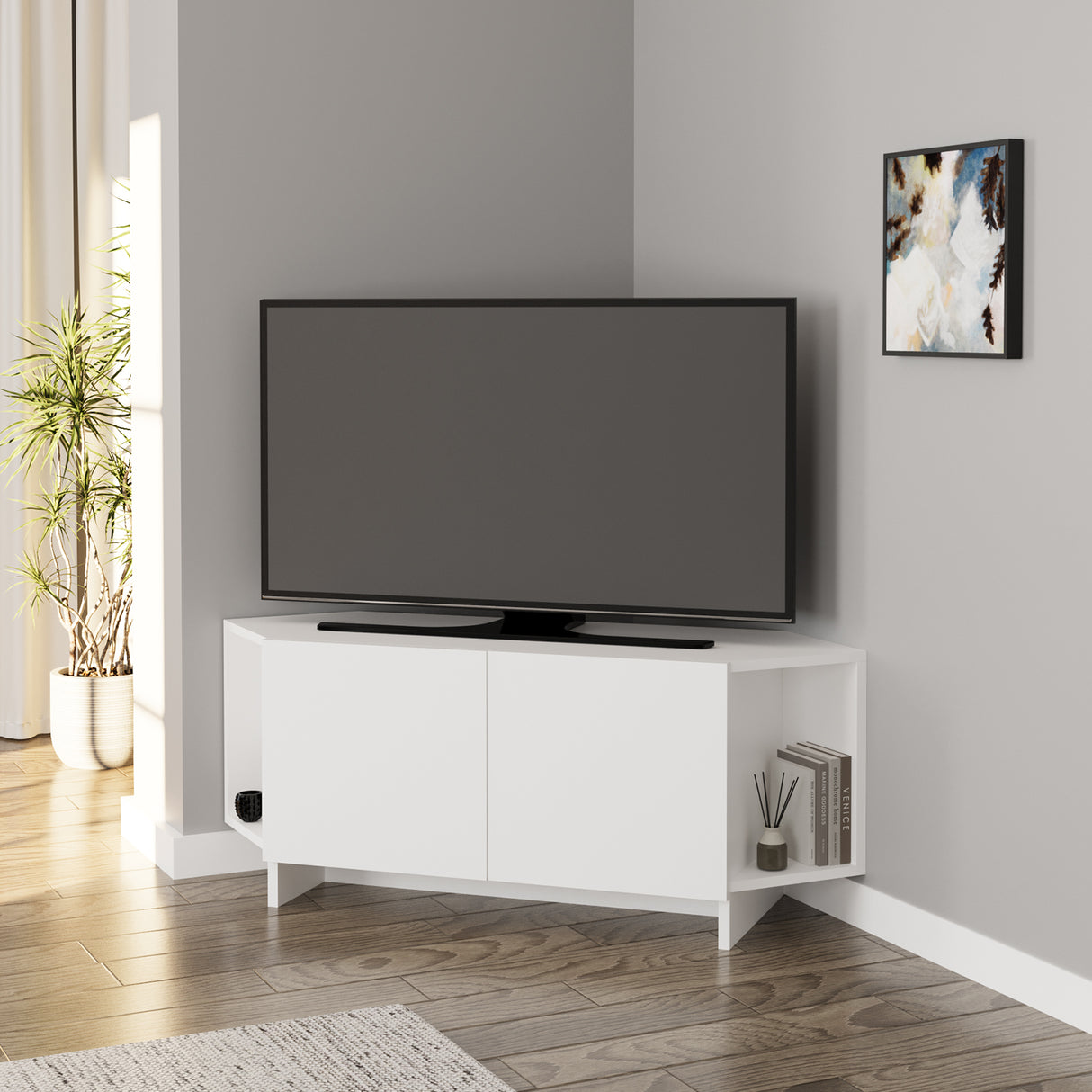 Bimossa B15 Ola Corner TV Unit for TVs up to 50 Inch, TV Stand with Storage Cabinet & Shelves, Space Saving Media Console for Living Room, Modern Corner Television Unit, 6 Colour Options