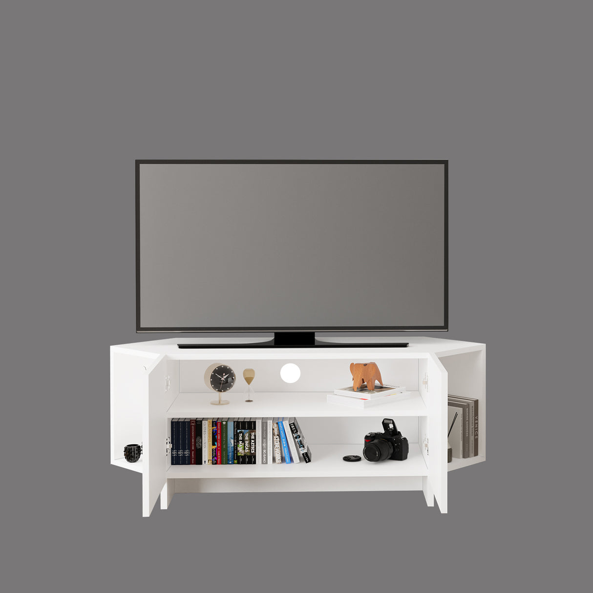 Bimossa B15 Ola Corner TV Unit for TVs up to 50 Inch, TV Stand with Storage Cabinet & Shelves, Space Saving Media Console for Living Room, Modern Corner Television Unit, 6 Colour Options