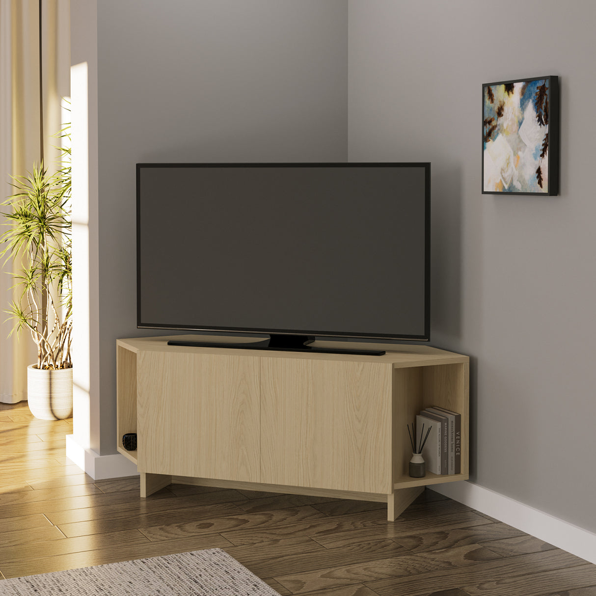 Bimossa B15 Ola Corner TV Unit for TVs up to 50 Inch, TV Stand with Storage Cabinet & Shelves, Space Saving Media Console for Living Room, Modern Corner Television Unit, 6 Colour Options