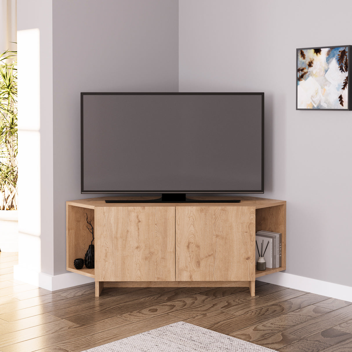 Bimossa B15 Ola Corner TV Unit for TVs up to 50 Inch, TV Stand with Storage Cabinet & Shelves, Space Saving Media Console for Living Room, Modern Corner Television Unit, 6 Colour Options