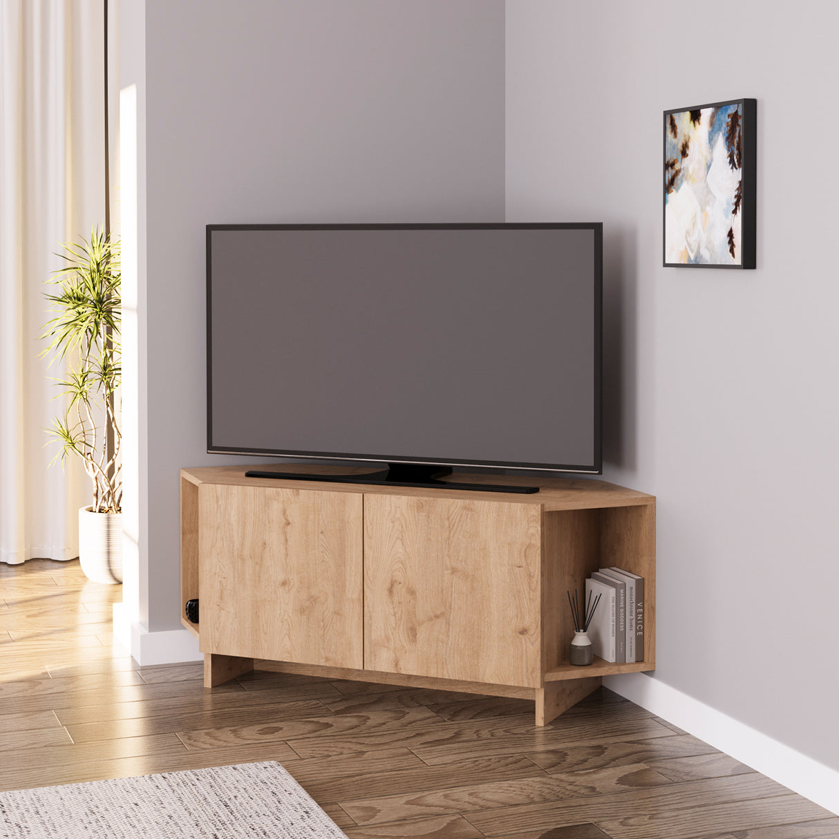 Bimossa B15 Ola Corner TV Unit for TVs up to 50 Inch, TV Stand with Storage Cabinet & Shelves, Space Saving Media Console for Living Room, Modern Corner Television Unit, 6 Colour Options
