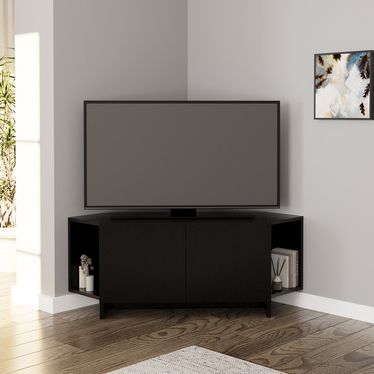 Bimossa B15 Ola Corner TV Unit for TVs up to 50 Inch, TV Stand with Storage Cabinet & Shelves, Space Saving Media Console for Living Room, Modern Corner Television Unit, 6 Colour Options