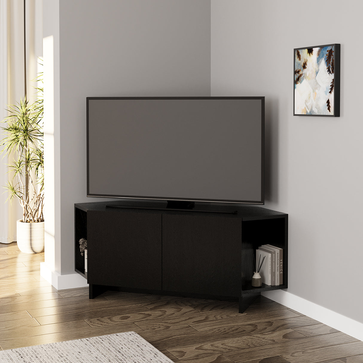 Bimossa B15 Ola Corner TV Unit for TVs up to 50 Inch, TV Stand with Storage Cabinet & Shelves, Space Saving Media Console for Living Room, Modern Corner Television Unit, 6 Colour Options