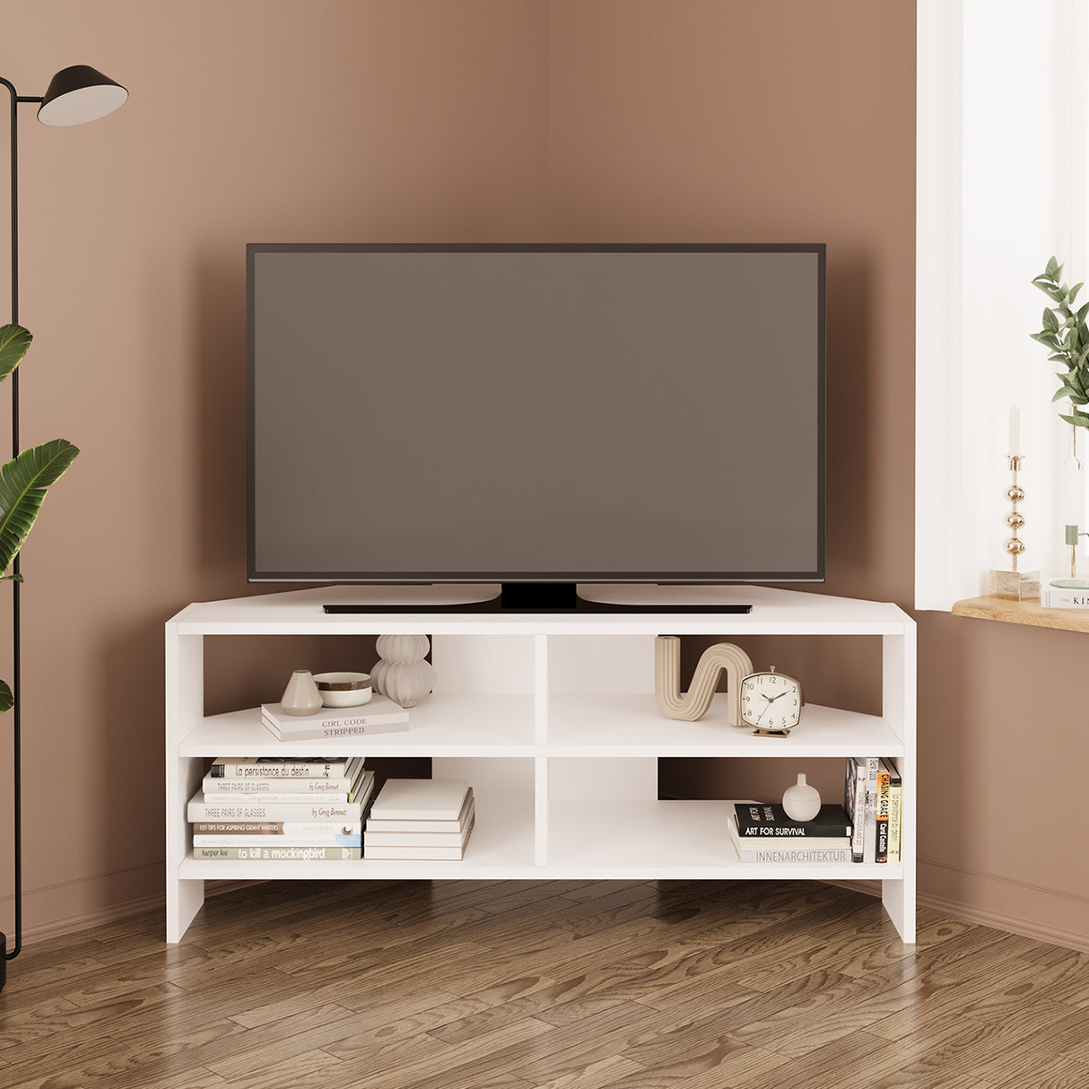 Bimossa B14 Roy Corner TV Unit for 43–48 Inch TVs, Modern Corner TV Stand Cabinet with Storage Shelves, Space Saving Media Console for Living Room, Compact Television Stand with 6 Colour Options