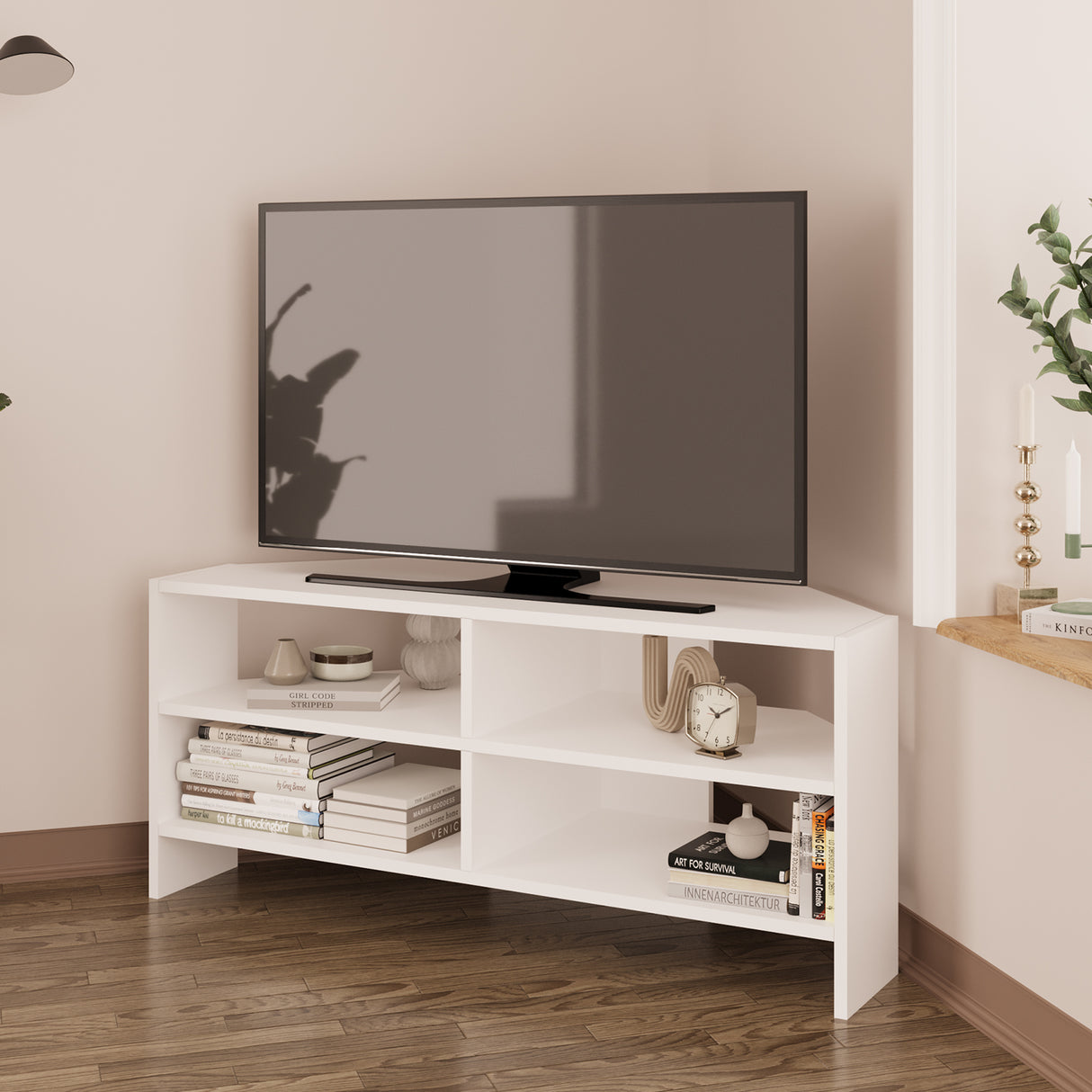 Bimossa B14 Roy Corner TV Unit for 43–48 Inch TVs, Modern Corner TV Stand Cabinet with Storage Shelves, Space Saving Media Console for Living Room, Compact Television Stand with 6 Colour Options