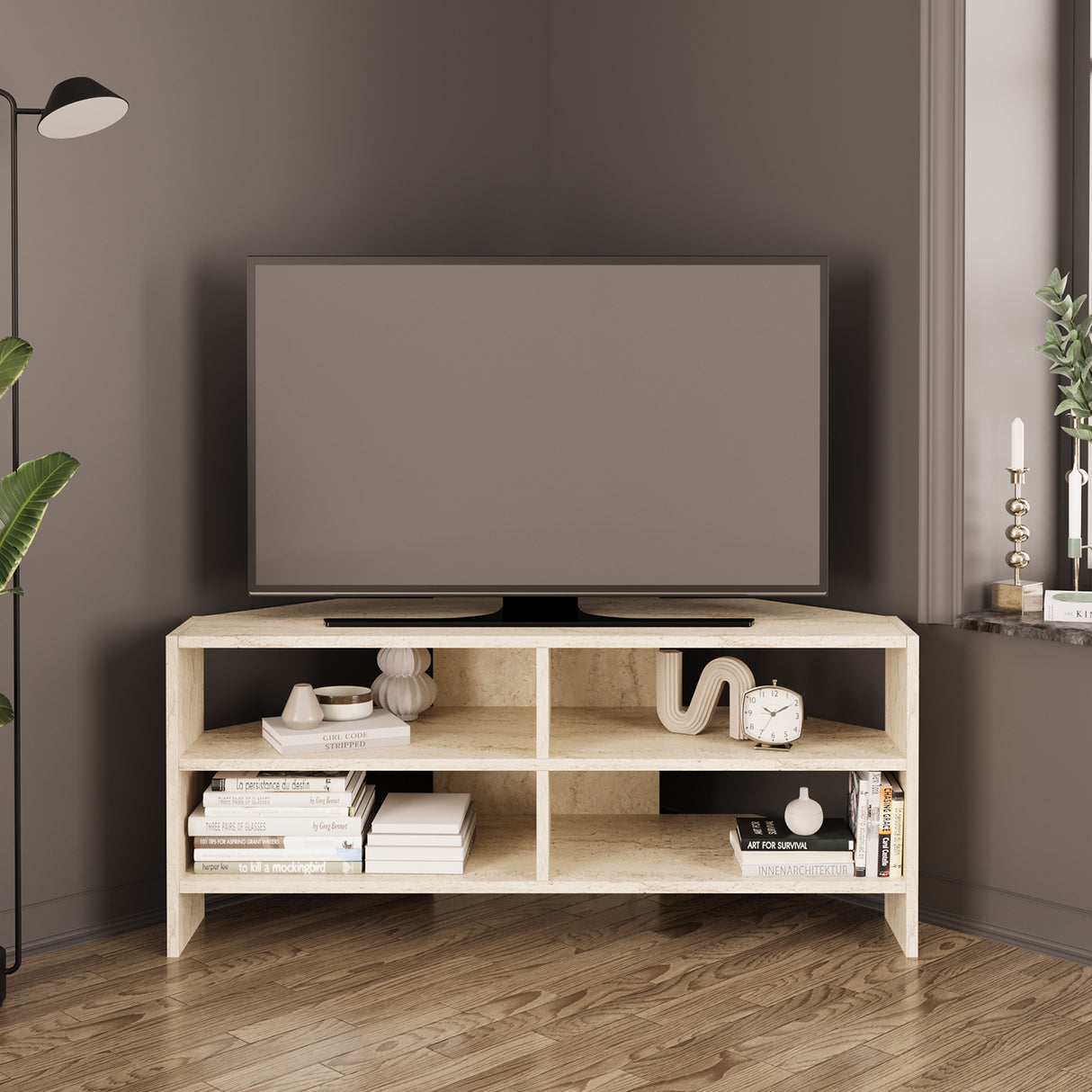 Bimossa B14 Roy Corner TV Unit for 43–48 Inch TVs, Modern Corner TV Stand Cabinet with Storage Shelves, Space Saving Media Console for Living Room, Compact Television Stand with 6 Colour Options
