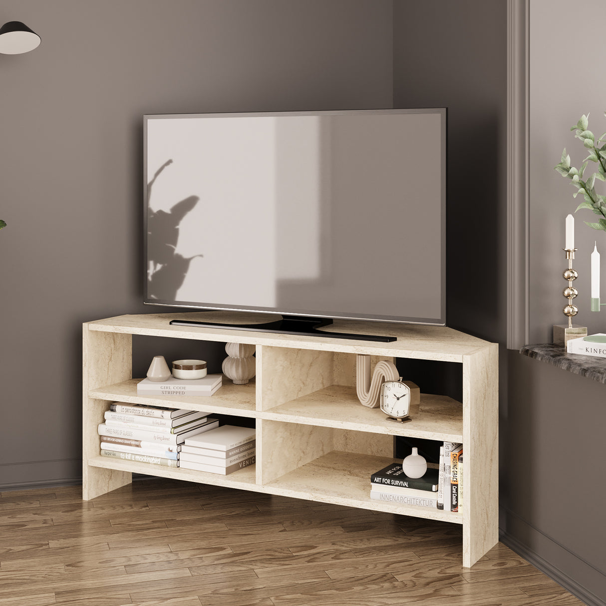 Bimossa B14 Roy Corner TV Unit for 43–48 Inch TVs, Modern Corner TV Stand Cabinet with Storage Shelves, Space Saving Media Console for Living Room, Compact Television Stand with 6 Colour Options