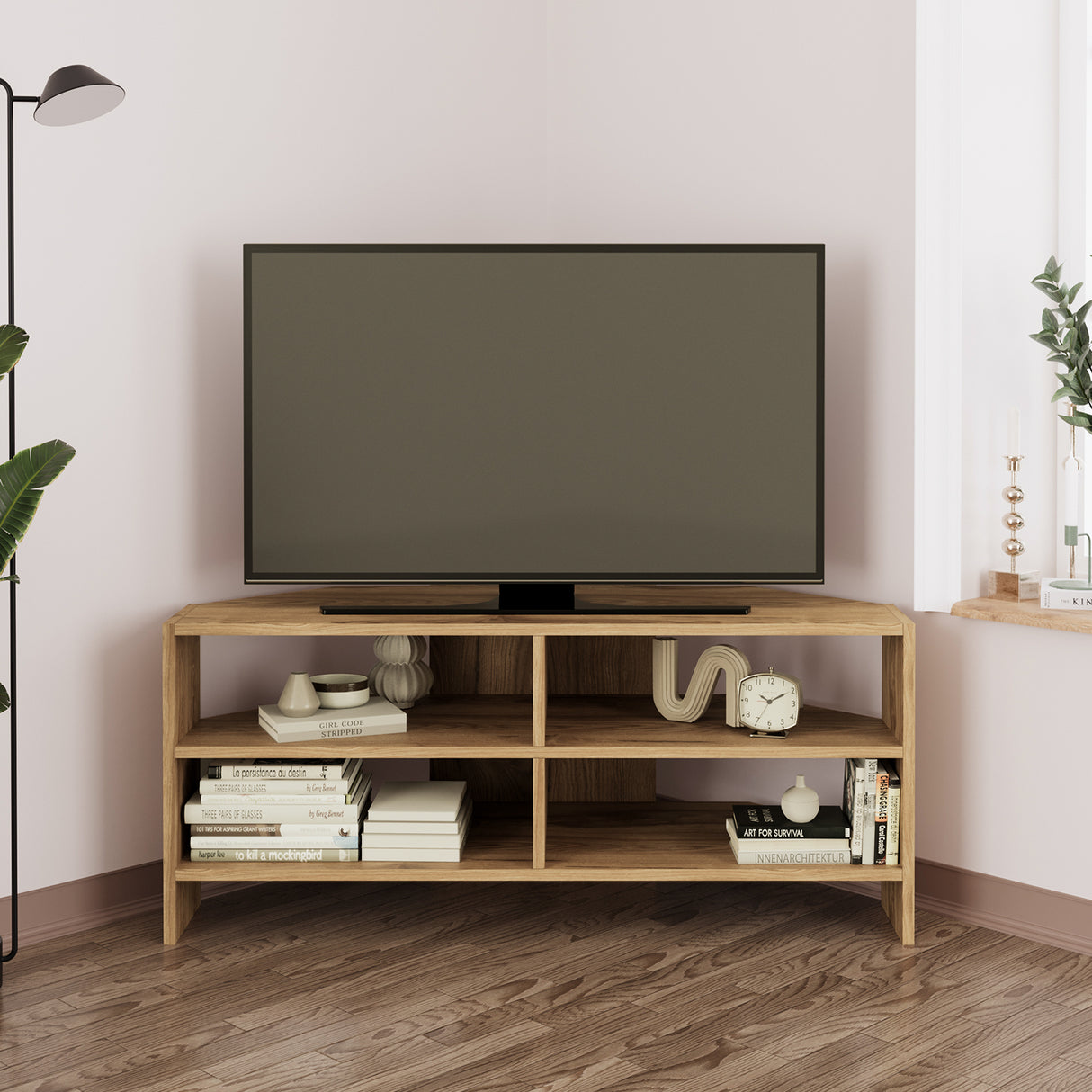 Bimossa B14 Roy Corner TV Unit for 43–48 Inch TVs, Modern Corner TV Stand Cabinet with Storage Shelves, Space Saving Media Console for Living Room, Compact Television Stand with 6 Colour Options