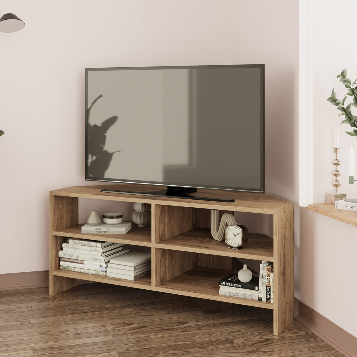 Bimossa B14 Roy Corner TV Unit for 43–48 Inch TVs, Modern Corner TV Stand Cabinet with Storage Shelves, Space Saving Media Console for Living Room, Compact Television Stand with 6 Colour Options