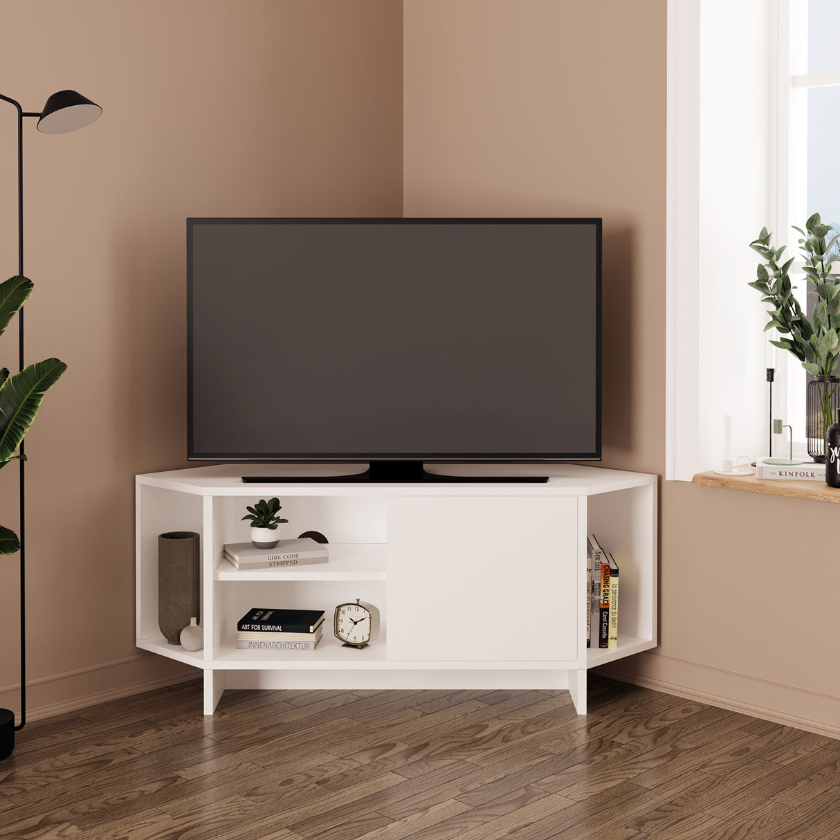 Bimossa B13 Teo Corner TV Stand – Space-Saving TV Unit for 43–48'' TVs, Compact Media Console with Open Shelves & Cabinet, Ready to Assemble, Available in 7 Colours