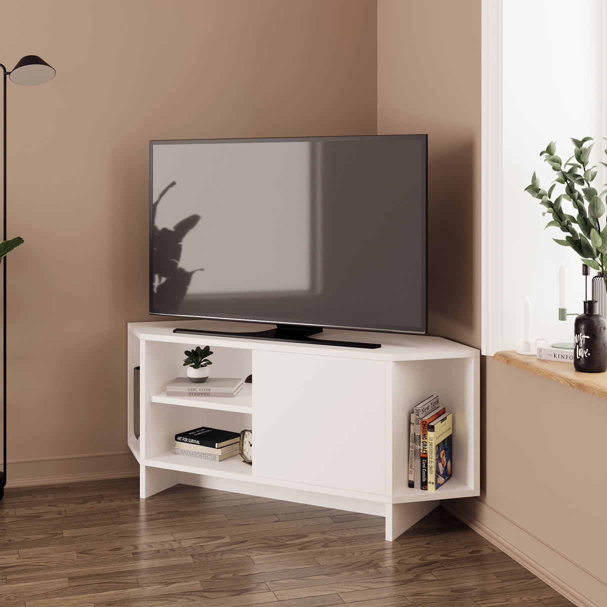 Bimossa B13 Teo Corner TV Stand – Space-Saving TV Unit for 43–48'' TVs, Compact Media Console with Open Shelves & Cabinet, Ready to Assemble, Available in 7 Colours