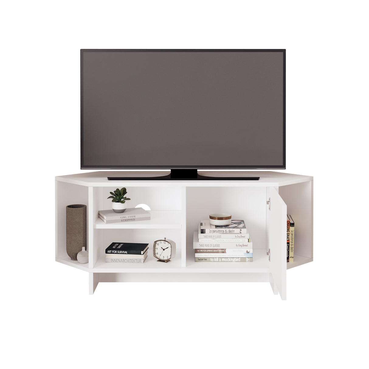 Bimossa B13 Teo Corner TV Stand – Space-Saving TV Unit for 43–48'' TVs, Compact Media Console with Open Shelves & Cabinet, Ready to Assemble, Available in 7 Colours