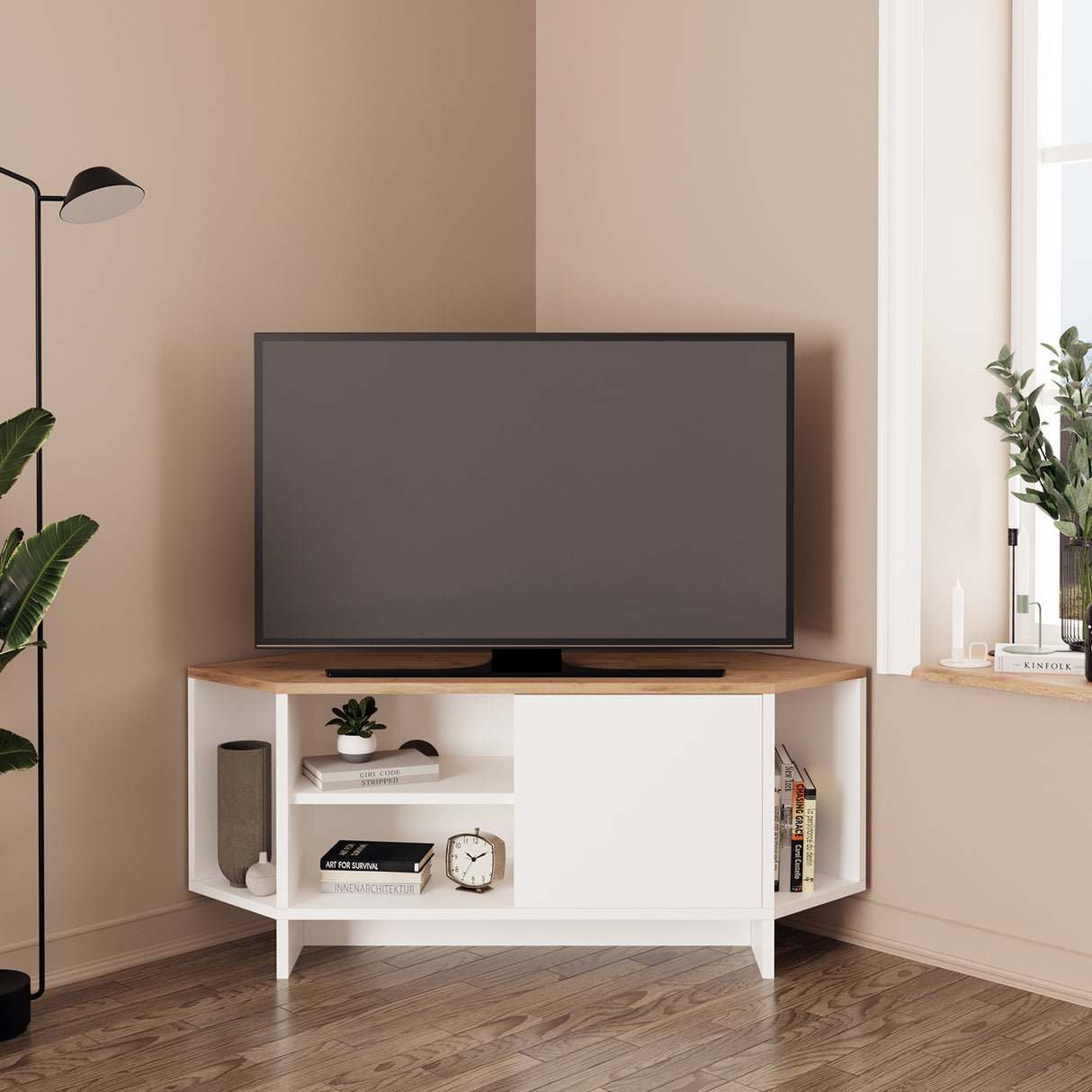Bimossa B13 Teo Corner TV Stand – Space-Saving TV Unit for 43–48'' TVs, Compact Media Console with Open Shelves & Cabinet, Ready to Assemble, Available in 7 Colours