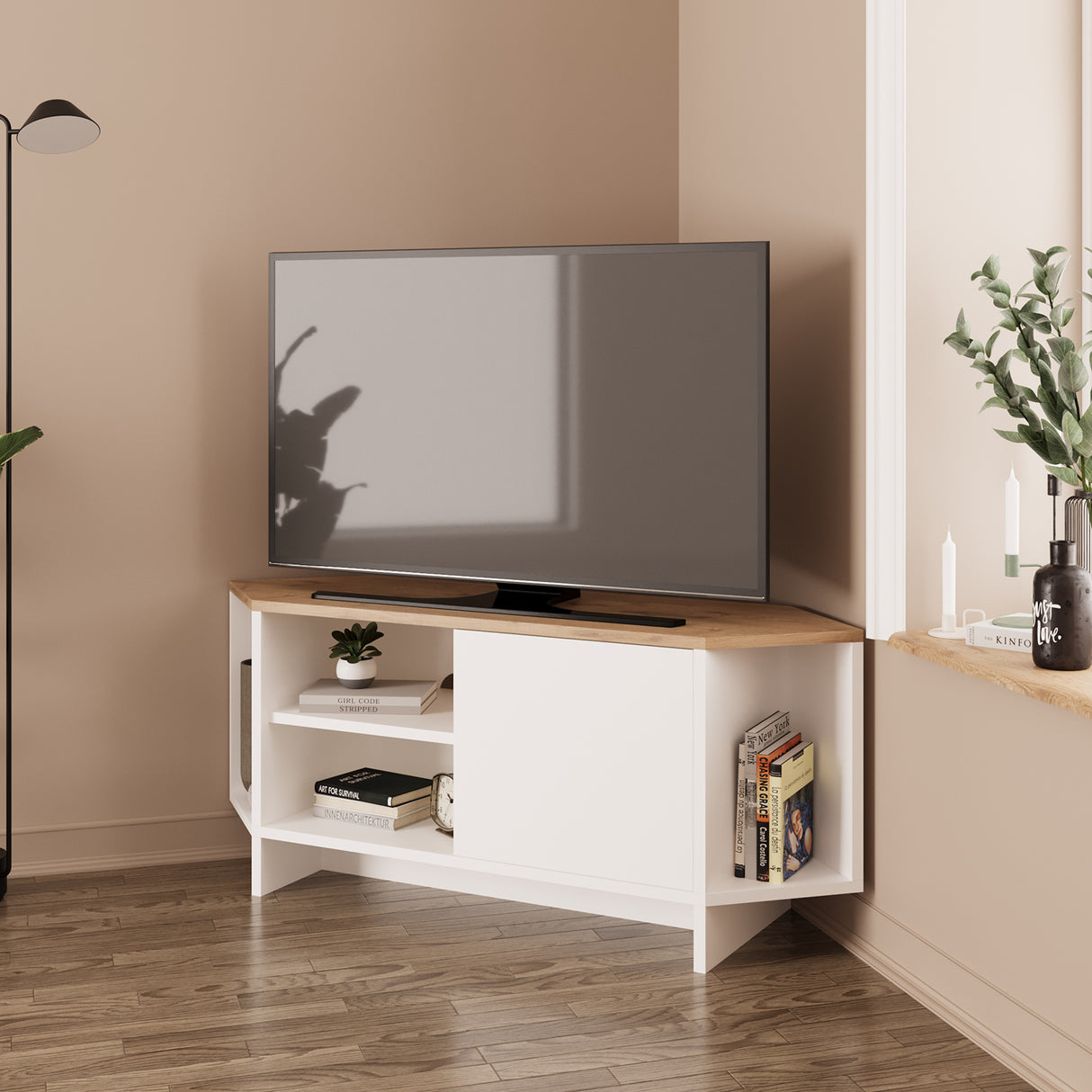Bimossa B13 Teo Corner TV Stand – Space-Saving TV Unit for 43–48'' TVs, Compact Media Console with Open Shelves & Cabinet, Ready to Assemble, Available in 7 Colours