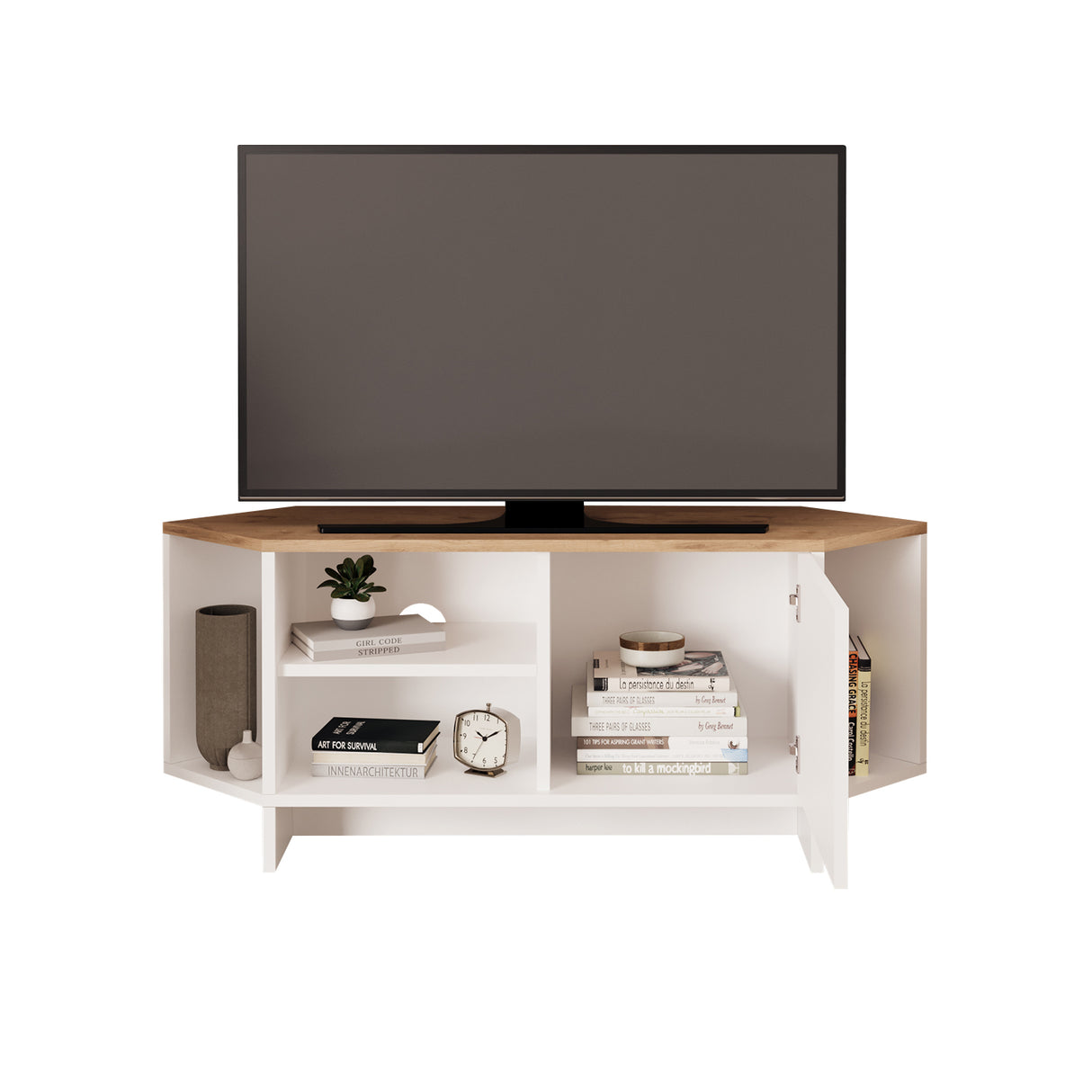Bimossa B13 Teo Corner TV Stand – Space-Saving TV Unit for 43–48'' TVs, Compact Media Console with Open Shelves & Cabinet, Ready to Assemble, Available in 7 Colours