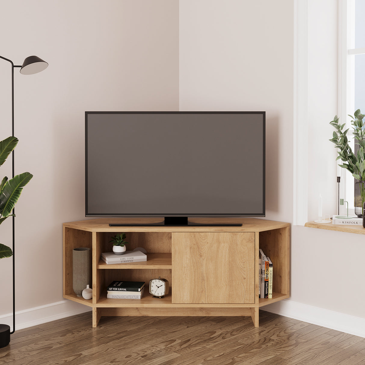 Bimossa B13 Teo Corner TV Stand – Space-Saving TV Unit for 43–48'' TVs, Compact Media Console with Open Shelves & Cabinet, Ready to Assemble, Available in 7 Colours