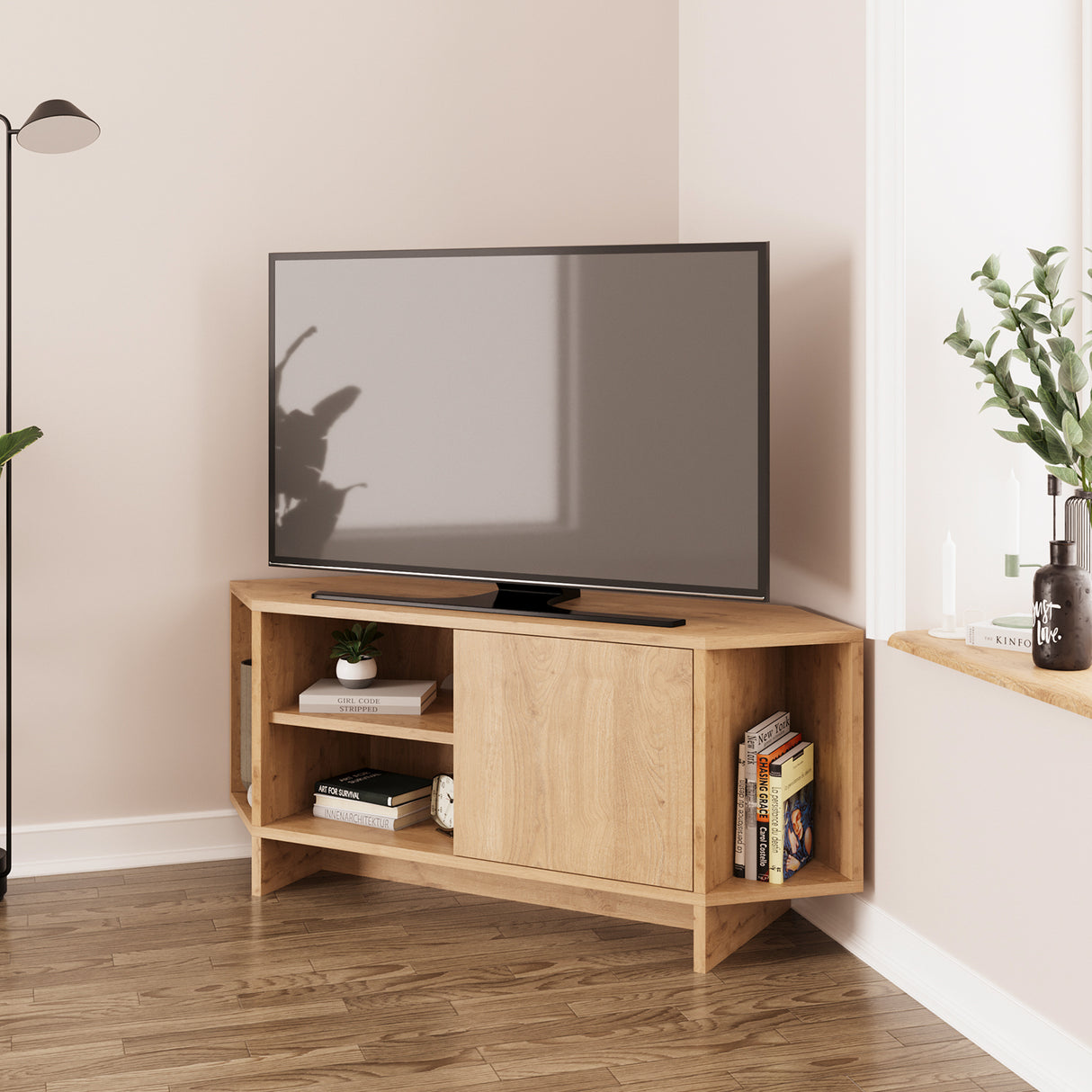 Bimossa B13 Teo Corner TV Stand – Space-Saving TV Unit for 43–48'' TVs, Compact Media Console with Open Shelves & Cabinet, Ready to Assemble, Available in 7 Colours