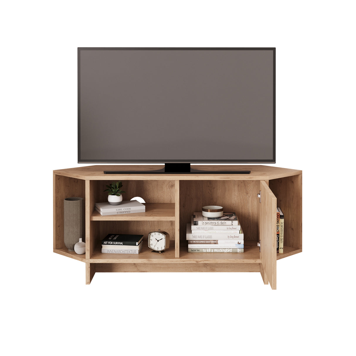 Bimossa B13 Teo Corner TV Stand – Space-Saving TV Unit for 43–48'' TVs, Compact Media Console with Open Shelves & Cabinet, Ready to Assemble, Available in 7 Colours